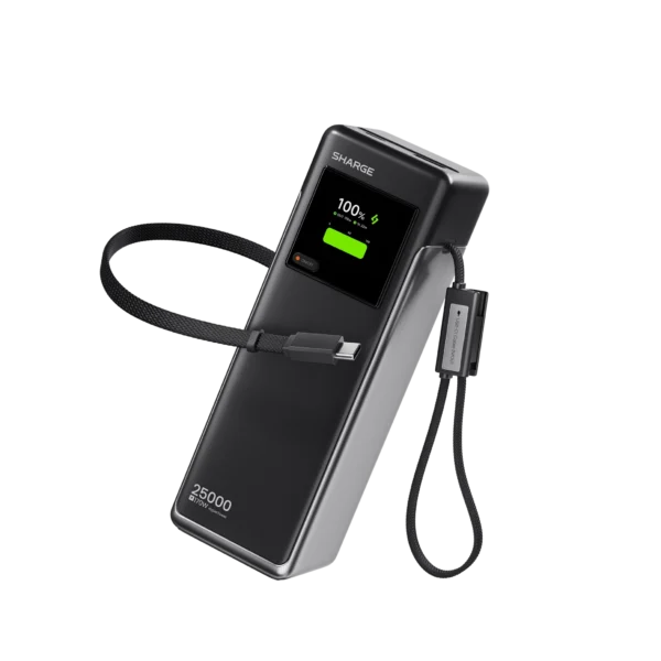 • **SHARGE HyperTower 170 Power Bank (4-in-1, 170W, 25K)** is a flagship ultra-high-power portable charging station designed for professionals, creators, travelers, gamers, and heavy multi-device users. Featuring up to 170W total output, intelligent 4-channel fast charging, dual built-in USB-C cables, a massive 25,000mAh battery, and real-time smart display monitoring, this premium power bank delivers desktop-grade charging performance in a compact travel-friendly form factor. With advanced thermal management, premium automotive-grade battery cells, and simultaneous charging for up to four devices, the HyperTower 170 is engineered for demanding everyday productivity and travel power needs. • **170W Maximum Total Output** delivers ultra-fast charging performance for laptops, tablets, smartphones, gaming devices, and accessories simultaneously. • **25,000mAh High-Capacity Battery** provides long-lasting backup power for work, travel, business trips, gaming, and outdoor use. • **100W Single-Port Fast Charging** supports high-speed charging for compatible laptops and flagship smartphones with minimal downtime. • **4-Device Simultaneous Charging** intelligently distributes power across connected devices for stable and optimized charging efficiency. • **Built-in Dual USB-C Cables** include one retractable USB-C cable and one integrated USB-C cable for clutter-free portable charging. • **100W Ultra-Fast Self-Recharge** allows the power bank to recharge significantly faster than conventional high-capacity models. • **Real-Time Smart Display Screen** shows charging speed, battery percentage, output information, and power status for complete charging control. • **Premium Automotive-Grade Battery Cells** provide enhanced durability, charging stability, safety, and long-term performance reliability. • **Advanced Heat Control System** helps maintain safe operating temperatures and consistent charging performance during heavy usage. • **Compact Soda-Can Sized Design** delivers powerful charging capabilities while remaining portable and airline-friendly for travel convenience. --- ## **Specifications** ### **Product Name:** SHARGE HyperTower 170 Power Bank ### **Model:** • X6 ### **Battery Capacity:** • 25,000mAh ### **Rated Battery Capacity:** • 14,500mAh (5V⎓3A) ### **Maximum Total Output:** • 170W ### **Maximum Single-Port Output:** • 100W ### **Charging Capability:** • Supports Charging Up To 4 Devices Simultaneously ### **Port Configuration:** • USB-C Port ×1 • Built-in USB-C Cable ×2 • USB-A Port ×1 ### **Input Specifications:** #### **USB-C1 Cable Input:** • 5V⎓3A • 9V⎓3A • 12V⎓3A • 15V⎓3A • 20V⎓5A #### **USB-C2 Cable Input:** • 5V⎓3A • 9V⎓3A • 12V⎓3A • 15V⎓3A • 20V⎓5A #### **USB-C3 Input:** • 5V⎓3A • 9V⎓3A • 12V⎓3A • 15V⎓3A • 20V⎓5A ### **Single-Port Output:** #### **USB-C1 / USB-C2 / USB-C3:** • 5V⎓3A • 9V⎓3A • 11V⎓6.1A • 12V⎓3A • 15V⎓3A • 20V⎓5A • 20V⎓6A #### **USB-A Output:** • 5V⎓3A • 9V⎓3A • 11V⎓6.1A • 12V⎓2.5A • 20V⎓1.5A ### **Multi-Port Charging Support:** • Dual-port charging up to 100W + 65W • Triple-port intelligent distribution • Quad-port charging up to 170W total output ### **Conversion Rate:** • ≥80% ### **Material & Build:** • Premium Durable Construction • Automotive-Grade Battery Cells ### **Dimensions:** • 159.8 × 53.4 × 52.2 mm ### **Weight:** • Approx. 665g ### **Special Features:** • Integrated dual USB-C cables • Retractable cable design • Smart display monitoring • Intelligent power distribution • Airline approved • Advanced thermal management • High durability internal frame --- ## **Q&A** ### **Q1: How many devices can the HyperTower 170 charge simultaneously?** It can charge up to four devices at the same time. ### **Q2: What is the maximum charging output?** The maximum combined output is 170W. ### **Q3: Does it support laptop charging?** Yes, the 100W single-port output supports fast charging for compatible laptops and tablets. ### **Q4: Are charging cables included?** Yes, it features two built-in USB-C cables, including one retractable cable. ### **Q5: Is the power bank airline approved?** Yes, the HyperTower 170 is airline approved for travel use. ### **Q6: Does it support fast self-recharging?** Yes, it supports up to 100W ultra-fast self-recharging. ### **Q7: What type of display does it have?** It includes a smart real-time display showing battery level, charging speed, and output information. ### **Q8: Is it suitable for gaming devices and tablets?** Yes, it supports smartphones, gaming devices, tablets, laptops, and other USB-powered electronics. ### **Q9: Does the power bank include safety and heat management features?** Yes, it uses advanced heat control and premium automotive-grade battery cells for safe charging. ### **Q10: Is the HyperTower 170 portable despite its large capacity?** Yes, it features a compact soda-can-sized design for easier portability and travel convenience.