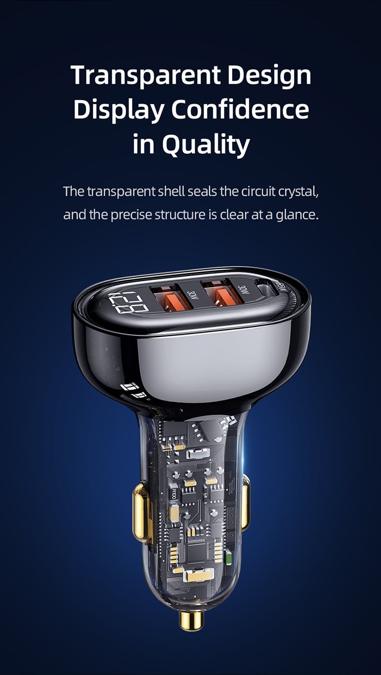 USAMS US CC158 125W 3 Ports Transparent Digital Display Fast Car Charger Icicle Series 6