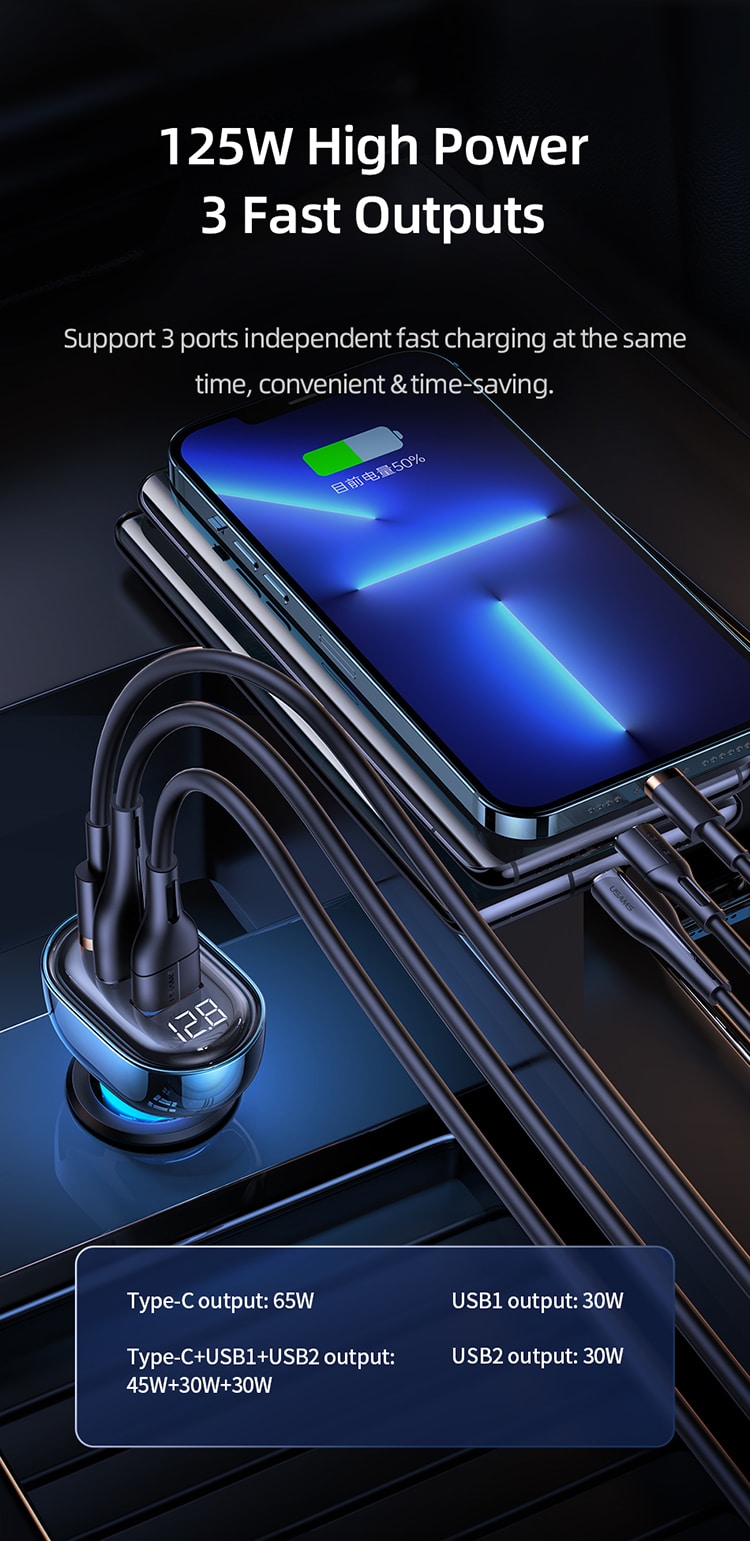 USAMS US CC158 125W 3 Ports Transparent Digital Display Fast Car Charger Icicle Series 7