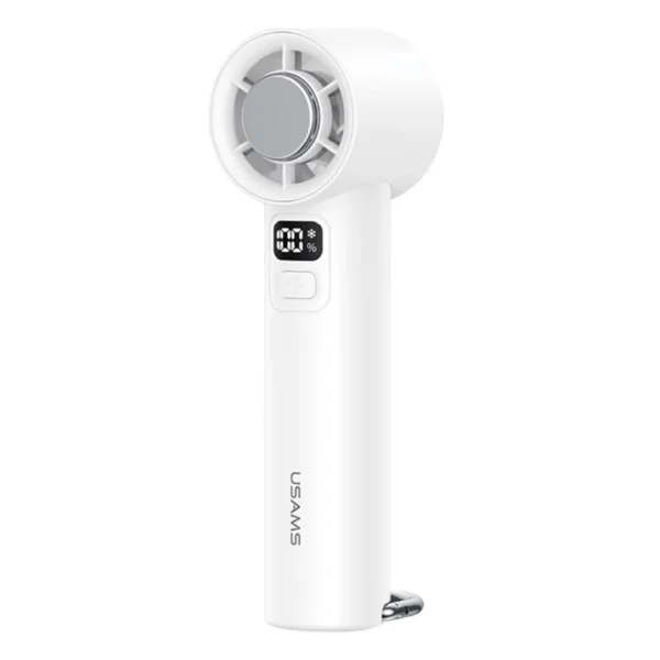 • **USAMS ZB361 Ice-Cooling Handheld Fan** is a compact and intelligent portable cooling device designed to provide powerful airflow and instant cooling comfort for outdoor activities, office work, travel, and daily use. Equipped with advanced ice-cooling semiconductor technology, 100-speed adjustable airflow control, smart digital display, and ultra-portable lightweight construction, the USAMS ZB361 delivers a refreshing cooling experience similar to a mini portable air conditioner. Featuring a built-in hanging clip, Type-C charging, and ergonomic one-button operation, this handheld fan is ideal for camping, commuting, gaming, hiking, sports events, and summer outdoor activities. • **Ice-Cooling Semiconductor Technology** creates a frost-like cooling surface that provides an instant refreshing sensation similar to a portable mini air conditioner. • **100-Speed Adjustable Airflow** allows precise wind speed customization from gentle breeze to powerful cooling airflow for different environments and personal comfort levels. • **High-Speed Motor Performance** operates between 8,611 RPM and 14,000 RPM for strong and stable airflow output. • **5 Preset Wind Speed Modes** provide quick access to common cooling levels including Gear 1, 25, 50, 75, and 100. • **Smart LED Digital Display** clearly shows real-time wind speed percentage and cooling mode status with snowflake indicator support. • **One-Button Intelligent Control System** supports easy power operation, stepless speed adjustment, and instant cooling mode activation. • **Built-in Metal Hanging Clip** allows flexible attachment to backpacks, collars, belts, desks, and other surfaces for hands-free cooling. • **Desktop Standing Support** enables stable placement on flat surfaces for office desks, bedside tables, or indoor use. • **2000mAh Rechargeable Battery** provides portable wireless cooling performance suitable for outdoor and travel use. • **Type-C Charging Interface** ensures fast, convenient, and widely compatible charging support. • **Ultra-Lightweight Portable Design** weighs only 115.38g, making it easy to carry inside small bags or pockets. • **Durable ABS + PP Construction** provides lightweight durability and reliable long-term usage. --- ## **Specifications** ### **Product Name:** USAMS ZB361 Ice-Cooling Handheld Fan ### **Brand:** • USAMS ### **Model:** • ZB361 ### **Color:** • White ### **Material:** • ABS • PP • Electronic Components ### **Output Power:** • 7W ### **Battery Capacity:** • 2000mAh ### **Motor Speed:** • 8,611 RPM – 14,000 RPM ### **Wind Speed Levels:** • 100 Adjustable Speeds • Preset Levels: 1 / 25 / 50 / 75 / 100 ### **Charging Input:** • DC 5V ### **Rated Current:** • 1A ### **Charging Time:** • Approximately 2 Hours ### **Charging Interface:** • Type-C ### **Display Features:** • LED digital display • Wind speed percentage display • Cooling mode snowflake icon ### **Control Features:** • One-button operation • Stepless speed adjustment • Double-click cooling mode activation ### **Additional Features:** • Ice-cooling technology • Built-in hanging clip • Desktop standing support • Portable lightweight design ### **Product Dimensions:** • 40.4 × 44.2 × 138.4 mm ### **Weight:** • Approximately 115.38g --- ## **Q&A** ### **Q1: What makes the USAMS ZB361 different from regular handheld fans?** The fan includes ice-cooling semiconductor technology that creates a cooling surface for enhanced cooling comfort. ### **Q2: How many speed levels does the fan support?** It supports 100 adjustable wind speed levels for precise airflow control. ### **Q3: Does the fan have a display screen?** Yes, it features an LED digital display showing wind speed percentage and cooling mode status. ### **Q4: How do I activate the cooling mode?** Users can double-click the power button to activate the ice-cooling mode. ### **Q5: Is the fan portable for outdoor use?** Yes, the lightweight compact design makes it ideal for travel, camping, and outdoor activities. ### **Q6: Does the fan support Type-C charging?** Yes, it uses a Type-C charging interface for convenient charging compatibility. ### **Q7: Can the fan be attached to bags or desks?** Yes, the built-in metal clip supports attachment to backpacks, collars, and desk edges. ### **Q8: How long does it take to charge the battery?** The 2000mAh battery takes approximately 2 hours to fully charge. ### **Q9: Can the fan stand on a desk?** Yes, it supports desktop standing for hands-free operation. ### **Q10: Is the fan suitable for office and indoor use?** Yes, the adjustable airflow and quiet portable design make it suitable for both indoor and outdoor environments.