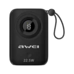 • **Awei P23K 10000mAh Digital Display Mini Power Bank** is a compact and travel-friendly portable charger designed for users who need reliable power on the go. Featuring a 10000mAh high-capacity battery, built-in Type-C and iP charging cables, and an intelligent digital battery display, the P23K eliminates the need to carry extra cables while ensuring your devices stay powered throughout the day. Its lightweight design, fast charging support, and airline-friendly capacity make it an ideal companion for travel, work, commuting, and daily use. • **10000mAh High-Capacity Battery** provides dependable backup power for smartphones, tablets, wireless earbuds, smartwatches, and other portable devices. • **Built-In Type-C & iP Charging Cables** eliminate the need for carrying separate charging cables, offering maximum convenience for users with multiple devices. • **Smart Digital Battery Display** accurately shows the remaining battery percentage, helping users monitor power levels in real time. • **Fast Charging Technology** supports multiple voltage and current outputs to deliver efficient charging for compatible devices. • **Compact Mini Design** fits easily into pockets, handbags, backpacks, and luggage without adding significant weight. • **Airline-Friendly Travel Companion** complies with airline portable power regulations, making it suitable for flights and long-distance travel. • **Multiple Charging Interfaces** provide flexibility for charging and recharging through Type-C ports and USB-A output. • **Premium ABS + PC Construction** offers durability, heat resistance, and long-lasting performance for everyday use. • **Universal Device Compatibility** supports Android smartphones, iPhones, tablets, Bluetooth accessories, gaming devices, and more. • **Portable All-in-One Charging Solution** combines power bank, charging cables, and battery display into a single compact device. --- **Specifications** **Product Name:** Awei P23K 10000mAh Digital Display Mini Power Bank **Brand:** • Awei **Model:** • P23K **Battery Capacity:** • 10000mAh **Battery Type:** • 21700 Lithium Battery **Display:** • Smart Digital Battery Display **Material:** • ABS + PC **Type-C Input:** • 5V⎓2.9A • 9V⎓2A • 12V⎓1.5A **Type-C Output:** • 5V⎓3A • 5V⎓2.4A • 9V⎓2.22A • 12V⎓1.67A **USB-A Output:** • 10V⎓2.25A • 5V⎓3A • 9V⎓2A • 12V⎓1.5A **Built-In Type-C Cable Output:** • 10V⎓2.25A • 5V⎓3A • 9V⎓2A • 12V⎓1.5A **Built-In iP Cable Output:** • 5V⎓2.4A **Dimensions:** • 90 × 60 × 25 mm **Color:** • Black **Functions:** • Fast charging support • Built-in Type-C cable • Built-in iP cable • Digital battery percentage display • Portable power storage • Smartphone charging • Tablet charging • Travel-friendly power solution • Emergency backup charging • Multi-device compatibility • Airline-compliant capacity • Compact pocket-sized design --- **Q&A** **Q1: What is the battery capacity of the Awei P23K?** The Awei P23K features a 10000mAh battery capacity. **Q2: Does it have built-in charging cables?** Yes, it includes both a built-in Type-C cable and a built-in iP cable. **Q3: Does it support fast charging?** Yes, it supports multiple fast-charging output specifications for compatible devices. **Q4: Can I charge Android and iPhone devices?** Yes, the built-in Type-C and iP cables support a wide range of Android and Apple devices. **Q5: Does it have a battery level indicator?** Yes, it features a smart digital display showing the remaining battery percentage. **Q6: Is it suitable for air travel?** Yes, its 10000mAh capacity complies with most airline portable battery regulations. **Q7: Can it charge multiple devices?** Yes, depending on usage, it supports charging various compatible devices through its available outputs. **Q8: What material is used in the construction?** It is made from durable ABS and PC materials. **Q9: How compact is the power bank?** Its dimensions are only 90 × 60 × 25 mm, making it easy to carry in a pocket or bag. **Q10: Who is this power bank best suited for?** It is ideal for travelers, students, professionals, commuters, and anyone needing convenient portable power throughout the day.