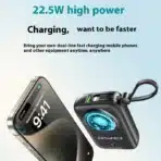 • **Awei P23K 10000mAh Digital Display Mini Power Bank** is a compact and travel-friendly portable charger designed for users who need reliable power on the go. Featuring a 10000mAh high-capacity battery, built-in Type-C and iP charging cables, and an intelligent digital battery display, the P23K eliminates the need to carry extra cables while ensuring your devices stay powered throughout the day. Its lightweight design, fast charging support, and airline-friendly capacity make it an ideal companion for travel, work, commuting, and daily use. • **10000mAh High-Capacity Battery** provides dependable backup power for smartphones, tablets, wireless earbuds, smartwatches, and other portable devices. • **Built-In Type-C & iP Charging Cables** eliminate the need for carrying separate charging cables, offering maximum convenience for users with multiple devices. • **Smart Digital Battery Display** accurately shows the remaining battery percentage, helping users monitor power levels in real time. • **Fast Charging Technology** supports multiple voltage and current outputs to deliver efficient charging for compatible devices. • **Compact Mini Design** fits easily into pockets, handbags, backpacks, and luggage without adding significant weight. • **Airline-Friendly Travel Companion** complies with airline portable power regulations, making it suitable for flights and long-distance travel. • **Multiple Charging Interfaces** provide flexibility for charging and recharging through Type-C ports and USB-A output. • **Premium ABS + PC Construction** offers durability, heat resistance, and long-lasting performance for everyday use. • **Universal Device Compatibility** supports Android smartphones, iPhones, tablets, Bluetooth accessories, gaming devices, and more. • **Portable All-in-One Charging Solution** combines power bank, charging cables, and battery display into a single compact device. --- **Specifications** **Product Name:** Awei P23K 10000mAh Digital Display Mini Power Bank **Brand:** • Awei **Model:** • P23K **Battery Capacity:** • 10000mAh **Battery Type:** • 21700 Lithium Battery **Display:** • Smart Digital Battery Display **Material:** • ABS + PC **Type-C Input:** • 5V⎓2.9A • 9V⎓2A • 12V⎓1.5A **Type-C Output:** • 5V⎓3A • 5V⎓2.4A • 9V⎓2.22A • 12V⎓1.67A **USB-A Output:** • 10V⎓2.25A • 5V⎓3A • 9V⎓2A • 12V⎓1.5A **Built-In Type-C Cable Output:** • 10V⎓2.25A • 5V⎓3A • 9V⎓2A • 12V⎓1.5A **Built-In iP Cable Output:** • 5V⎓2.4A **Dimensions:** • 90 × 60 × 25 mm **Color:** • Black **Functions:** • Fast charging support • Built-in Type-C cable • Built-in iP cable • Digital battery percentage display • Portable power storage • Smartphone charging • Tablet charging • Travel-friendly power solution • Emergency backup charging • Multi-device compatibility • Airline-compliant capacity • Compact pocket-sized design --- **Q&A** **Q1: What is the battery capacity of the Awei P23K?** The Awei P23K features a 10000mAh battery capacity. **Q2: Does it have built-in charging cables?** Yes, it includes both a built-in Type-C cable and a built-in iP cable. **Q3: Does it support fast charging?** Yes, it supports multiple fast-charging output specifications for compatible devices. **Q4: Can I charge Android and iPhone devices?** Yes, the built-in Type-C and iP cables support a wide range of Android and Apple devices. **Q5: Does it have a battery level indicator?** Yes, it features a smart digital display showing the remaining battery percentage. **Q6: Is it suitable for air travel?** Yes, its 10000mAh capacity complies with most airline portable battery regulations. **Q7: Can it charge multiple devices?** Yes, depending on usage, it supports charging various compatible devices through its available outputs. **Q8: What material is used in the construction?** It is made from durable ABS and PC materials. **Q9: How compact is the power bank?** Its dimensions are only 90 × 60 × 25 mm, making it easy to carry in a pocket or bag. **Q10: Who is this power bank best suited for?** It is ideal for travelers, students, professionals, commuters, and anyone needing convenient portable power throughout the day.
