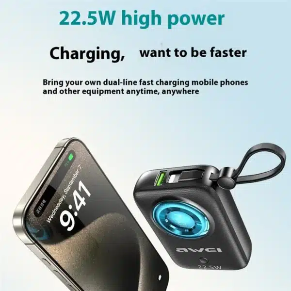 • **Awei P23K 10000mAh Digital Display Mini Power Bank** is a compact and travel-friendly portable charger designed for users who need reliable power on the go. Featuring a 10000mAh high-capacity battery, built-in Type-C and iP charging cables, and an intelligent digital battery display, the P23K eliminates the need to carry extra cables while ensuring your devices stay powered throughout the day. Its lightweight design, fast charging support, and airline-friendly capacity make it an ideal companion for travel, work, commuting, and daily use. • **10000mAh High-Capacity Battery** provides dependable backup power for smartphones, tablets, wireless earbuds, smartwatches, and other portable devices. • **Built-In Type-C & iP Charging Cables** eliminate the need for carrying separate charging cables, offering maximum convenience for users with multiple devices. • **Smart Digital Battery Display** accurately shows the remaining battery percentage, helping users monitor power levels in real time. • **Fast Charging Technology** supports multiple voltage and current outputs to deliver efficient charging for compatible devices. • **Compact Mini Design** fits easily into pockets, handbags, backpacks, and luggage without adding significant weight. • **Airline-Friendly Travel Companion** complies with airline portable power regulations, making it suitable for flights and long-distance travel. • **Multiple Charging Interfaces** provide flexibility for charging and recharging through Type-C ports and USB-A output. • **Premium ABS + PC Construction** offers durability, heat resistance, and long-lasting performance for everyday use. • **Universal Device Compatibility** supports Android smartphones, iPhones, tablets, Bluetooth accessories, gaming devices, and more. • **Portable All-in-One Charging Solution** combines power bank, charging cables, and battery display into a single compact device. --- **Specifications** **Product Name:** Awei P23K 10000mAh Digital Display Mini Power Bank **Brand:** • Awei **Model:** • P23K **Battery Capacity:** • 10000mAh **Battery Type:** • 21700 Lithium Battery **Display:** • Smart Digital Battery Display **Material:** • ABS + PC **Type-C Input:** • 5V⎓2.9A • 9V⎓2A • 12V⎓1.5A **Type-C Output:** • 5V⎓3A • 5V⎓2.4A • 9V⎓2.22A • 12V⎓1.67A **USB-A Output:** • 10V⎓2.25A • 5V⎓3A • 9V⎓2A • 12V⎓1.5A **Built-In Type-C Cable Output:** • 10V⎓2.25A • 5V⎓3A • 9V⎓2A • 12V⎓1.5A **Built-In iP Cable Output:** • 5V⎓2.4A **Dimensions:** • 90 × 60 × 25 mm **Color:** • Black **Functions:** • Fast charging support • Built-in Type-C cable • Built-in iP cable • Digital battery percentage display • Portable power storage • Smartphone charging • Tablet charging • Travel-friendly power solution • Emergency backup charging • Multi-device compatibility • Airline-compliant capacity • Compact pocket-sized design --- **Q&A** **Q1: What is the battery capacity of the Awei P23K?** The Awei P23K features a 10000mAh battery capacity. **Q2: Does it have built-in charging cables?** Yes, it includes both a built-in Type-C cable and a built-in iP cable. **Q3: Does it support fast charging?** Yes, it supports multiple fast-charging output specifications for compatible devices. **Q4: Can I charge Android and iPhone devices?** Yes, the built-in Type-C and iP cables support a wide range of Android and Apple devices. **Q5: Does it have a battery level indicator?** Yes, it features a smart digital display showing the remaining battery percentage. **Q6: Is it suitable for air travel?** Yes, its 10000mAh capacity complies with most airline portable battery regulations. **Q7: Can it charge multiple devices?** Yes, depending on usage, it supports charging various compatible devices through its available outputs. **Q8: What material is used in the construction?** It is made from durable ABS and PC materials. **Q9: How compact is the power bank?** Its dimensions are only 90 × 60 × 25 mm, making it easy to carry in a pocket or bag. **Q10: Who is this power bank best suited for?** It is ideal for travelers, students, professionals, commuters, and anyone needing convenient portable power throughout the day.