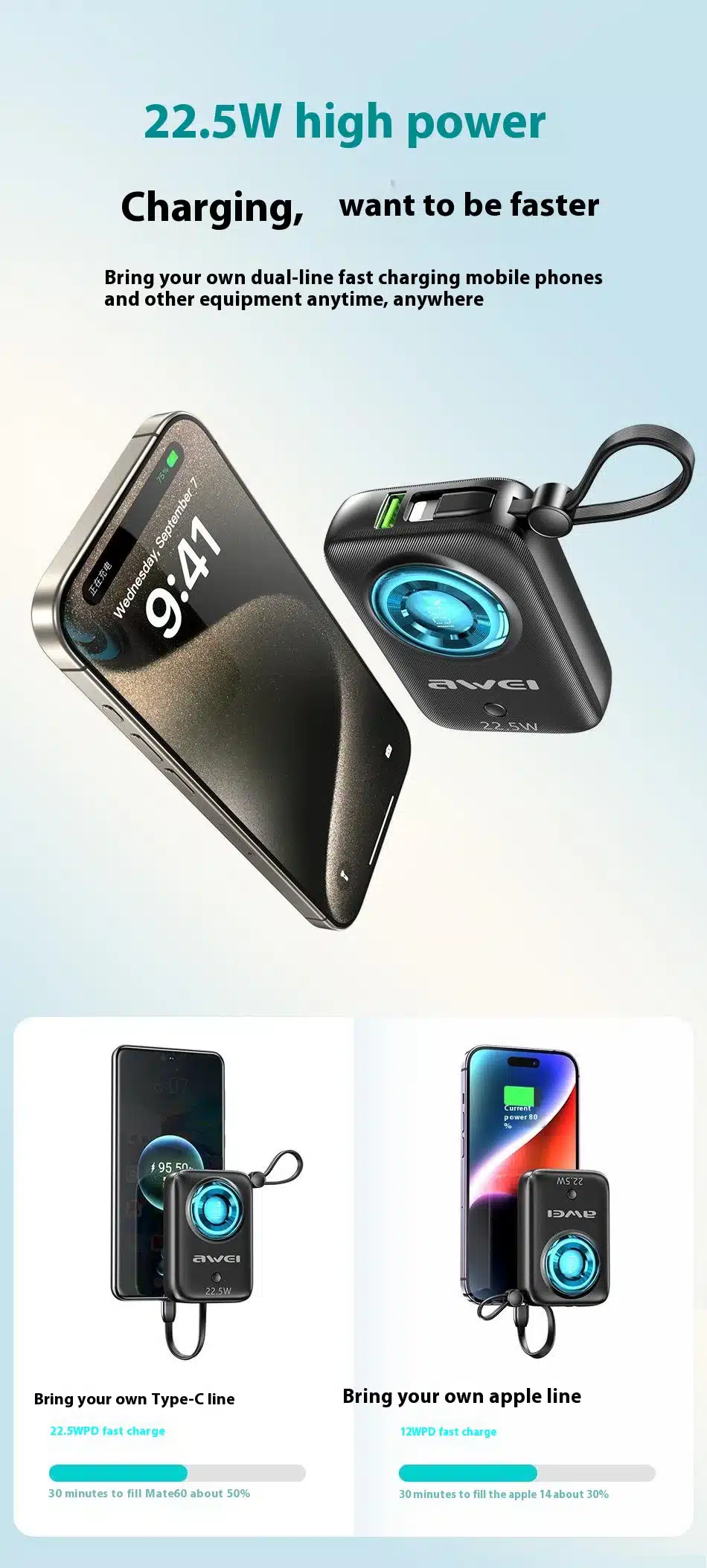 Awei P23K 10000mAh Digital Display Mini Power Bank 5