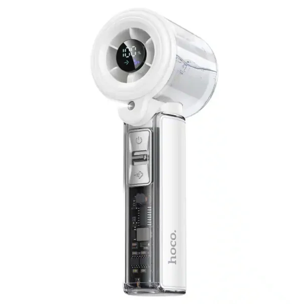 • **Hoco HX613 Portable Fan with Humidifier** is a versatile handheld and desktop cooling device that combines powerful airflow with refreshing humidification technology. Designed for personal comfort during hot weather, it features a built-in mist spray system, 100 adjustable airflow levels, a high-speed motor, and an LED digital display for precise control. With a lightweight ergonomic design, long battery life, and portable form factor, the HX613 is ideal for home, office, travel, outdoor activities, and daily use. • **2-in-1 Fan & Humidifier Design** combines air cooling and humidification technologies to provide refreshing airflow while helping maintain moisture for improved comfort. • **Micron-Level Mist Spray Technology** produces a fine mist that hydrates the skin without disturbing makeup or creating an uncomfortable sticky feeling. • **100 Adjustable Airflow Levels** allow precise control over cooling intensity, making it easy to find the perfect airflow for different environments and preferences. • **High-Speed Motor Performance** reaches up to 16,000 RPM and delivers airflow speeds up to 3.5m/s for strong and efficient cooling. • **LED Digital Display** clearly shows airflow level, battery status, and spray mode indicators for convenient real-time monitoring. • **Dual Spray Modes** support strong and weak humidification settings, allowing users to customize moisture output according to their needs. • **Portable Handheld & Desktop Use** offers flexible operation as both a handheld personal fan and a desktop cooling solution. • **26ml Transparent Water Tank** allows easy water level monitoring and simple refilling through a silicone-covered opening. • **Long-Lasting 3000mAh Battery** provides up to 18 hours of usage on lower settings and supports convenient Type-C charging. • **Lightweight Ergonomic Construction** weighs only 160g, making it comfortable to carry and use throughout the day. --- ## Specifications **Product Name:** Hoco HX613 Portable Fan with Humidifier **Type:** • Portable Handheld & Desktop Fan with Humidifier **Cooling Technology:** • Air Cooling + Humidification **Fan Blade Configuration:** • 5 × 1.2-inch Fan Blades **Airflow Levels:** • 100 Adjustable Levels **Maximum Rotation Speed:** • Up to 16,000 RPM **Airflow Speed:** • 3.5 m/s **Noise Level:** • 60 dB **Water Tank Capacity:** • 26 ml **Spray Modes:** • Strong Spray Mode • Weak Spray Mode **Continuous Spray Duration:** • Up to 20 Minutes **Display:** • LED Digital Display • Airflow Level Indicator • Battery Level Indicator • Spray Mode Indicator **Control Buttons:** • Power Button • Airflow Level Toggle Switch • Spray Mode Button **Power Rating:** • 3W **Material:** • ABS • PC • Silicone • Electronic Components **Battery Capacity:** • 3000mAh **Charging Port:** • USB Type-C **Charging Input:** • 5V / 2A **Charging Time:** • Approximately 3 Hours **Usage Time:** • 3 – 18 Hours **Dimensions:** • 153 × 57 × 49 mm **Weight:** • 160 g **Accessories Included:** • 1 × Lanyard • 1 × Type-C Charging Cable --- ## Q&A **Q1: Can this fan be used as both a handheld and desktop fan?** Yes, it is designed for both handheld and desktop use. **Q2: Does the humidifier function work while the fan is running?** Yes, the cooling fan and humidification features can operate together. **Q3: How many airflow levels does it offer?** It provides 100 adjustable airflow levels for precise cooling control. **Q4: How long does the battery last?** Depending on the airflow setting, it can operate for approximately 3 to 18 hours. **Q5: How long does it take to fully charge?** The 3000mAh battery requires about 3 hours for a full charge. **Q6: What type of charging port does it use?** It uses a modern USB Type-C charging port. **Q7: Can I see the remaining battery level?** Yes, the LED digital display shows the battery percentage and status. **Q8: Is the water tank easy to refill?** Yes, the transparent 26ml water tank allows quick monitoring and refilling. **Q9: Does the mist affect makeup?** No, the micron-level mist is designed to hydrate gently without disrupting makeup. **Q10: Is it suitable for travel and outdoor use?** Yes, its lightweight 160g design and long battery life make it ideal for travel, commuting, and outdoor activities.