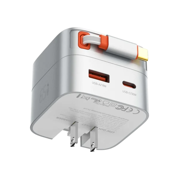 LDNIO Q10 65W Fast Charger with Retractable Cable Features *Fireproof PC shell, prevent burning, safe to use *Smart chip inside *65W Fast charger *Widely compatible with universal mobile phones *with retractable cable Product Description Compact, modern & User-friendly design Ultra-thin planar transformer enables sleek design with built-in cable—perfect for travel. 65W High-speed total output Higher efficiency: Less energy waste, faster & cooler charging. All-in-one design Built-in 80cm Self-Retracting Cable (USB-C or Lightning option). Ideal for travel in 150+ countries Automatically adapts to different grid standards—no voltage concerns. Specs Model Q10 Input 100-240VAC 50/60Hz 1.5A Max USB-C1 Cable Output 5V⎓3A, 9V⎓3A, 12V⎓3A, 15V⎓3A, 20V⎓3.25A PPS 3.3V-11V⎓4.5A; 3.3V-21V⎓3A 65W Max USB-C2 Output 5V⎓3A, 9V⎓3A, 12V⎓2.5A 30W Max PPS 3.3V-11V⎓2.75A 30WMax USB-A Output 5V⎓3A, 9V⎓2A, 12V⎓1.5A 18W Max C1+C2 45W+12W 57W Max; C1+A1=45W+12W 57W Max Output Power 65W Max