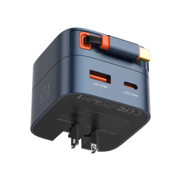 LDNIO Q10 65W Fast Charger with Retractable Cable Features *Fireproof PC shell, prevent burning, safe to use *Smart chip inside *65W Fast charger *Widely compatible with universal mobile phones *with retractable cable Product Description Compact, modern & User-friendly design Ultra-thin planar transformer enables sleek design with built-in cable—perfect for travel. 65W High-speed total output Higher efficiency: Less energy waste, faster & cooler charging. All-in-one design Built-in 80cm Self-Retracting Cable (USB-C or Lightning option). Ideal for travel in 150+ countries Automatically adapts to different grid standards—no voltage concerns. Specs Model Q10 Input 100-240VAC 50/60Hz 1.5A Max USB-C1 Cable Output 5V⎓3A, 9V⎓3A, 12V⎓3A, 15V⎓3A, 20V⎓3.25A PPS 3.3V-11V⎓4.5A; 3.3V-21V⎓3A 65W Max USB-C2 Output 5V⎓3A, 9V⎓3A, 12V⎓2.5A 30W Max PPS 3.3V-11V⎓2.75A 30WMax USB-A Output 5V⎓3A, 9V⎓2A, 12V⎓1.5A 18W Max C1+C2 45W+12W 57W Max; C1+A1=45W+12W 57W Max Output Power 65W Max