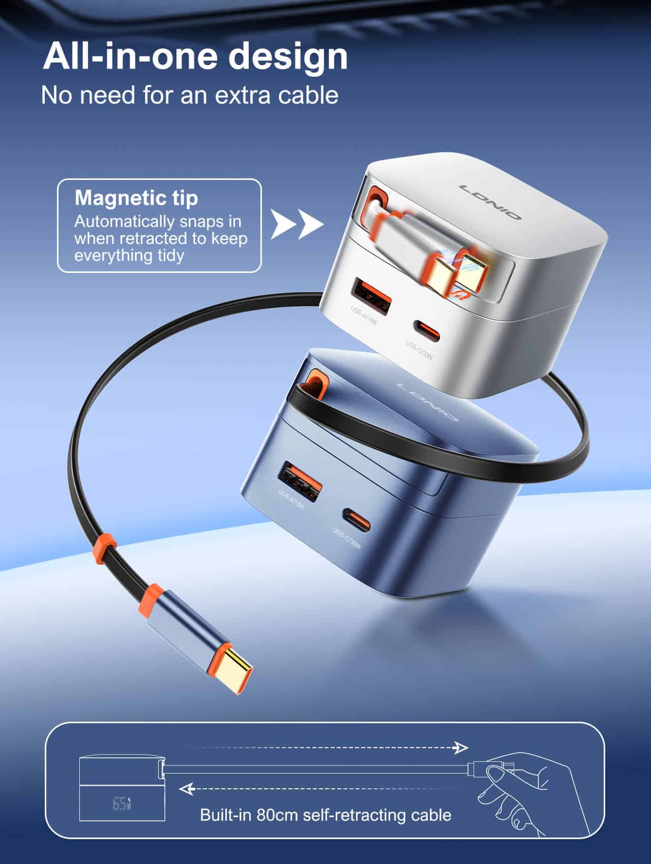 LDNIO Q10 65W Fast Charger with Retractable Cable 2