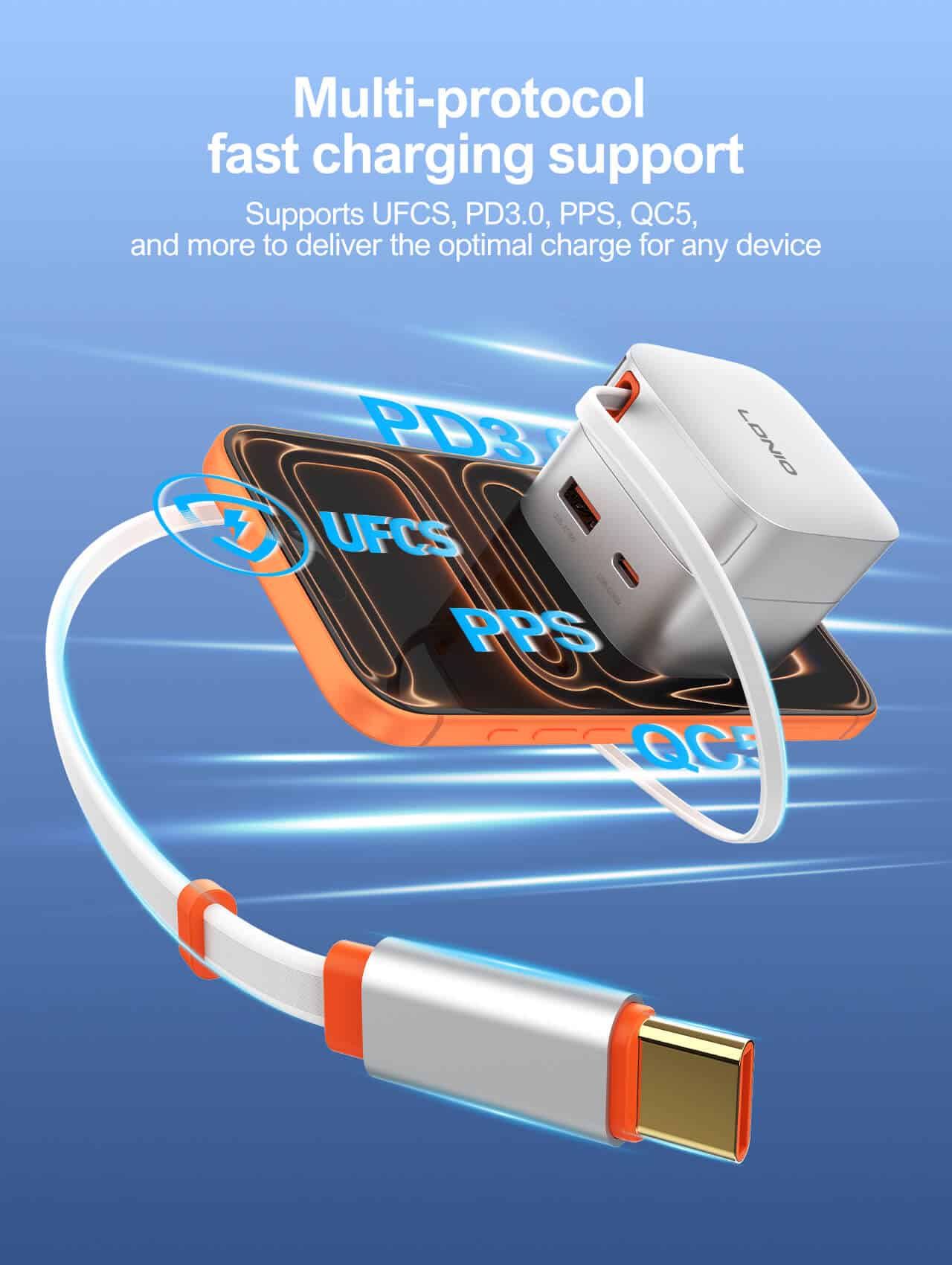 LDNIO Q10 65W Fast Charger with Retractable Cable 3
