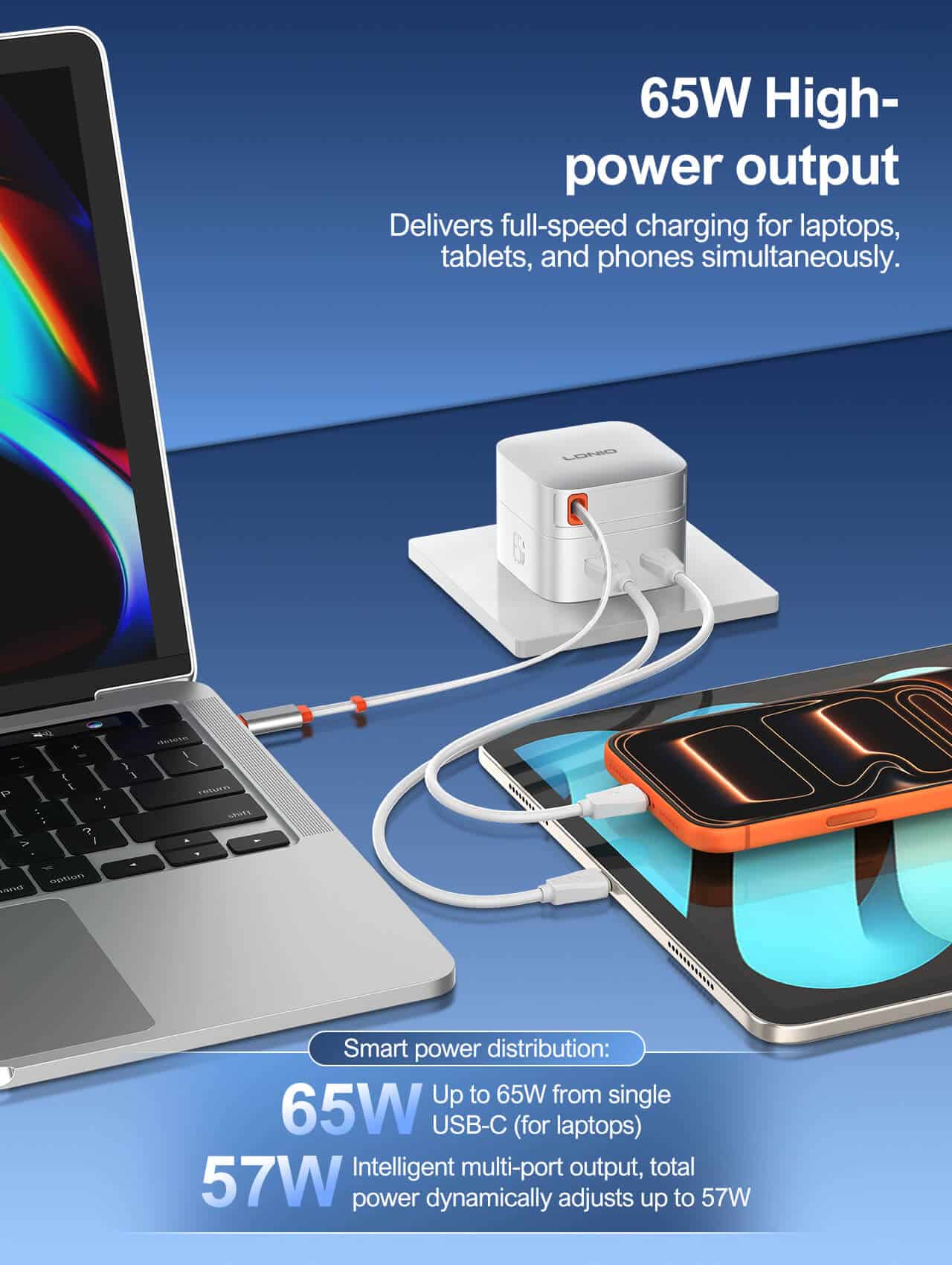 LDNIO Q10 65W Fast Charger with Retractable Cable 4