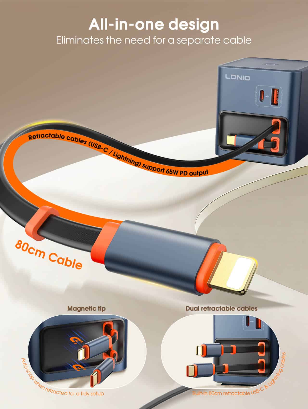 LDNIO Q16 100W GaN Charger with Extendable Cable 3