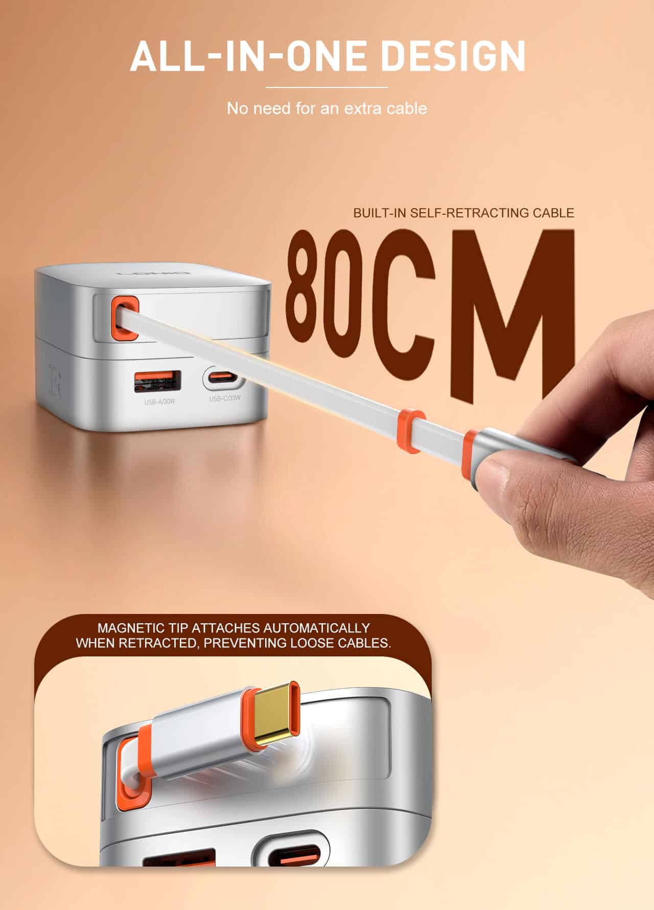 LDNIO Q9 33W Fast Charger with Retractable Cable 3