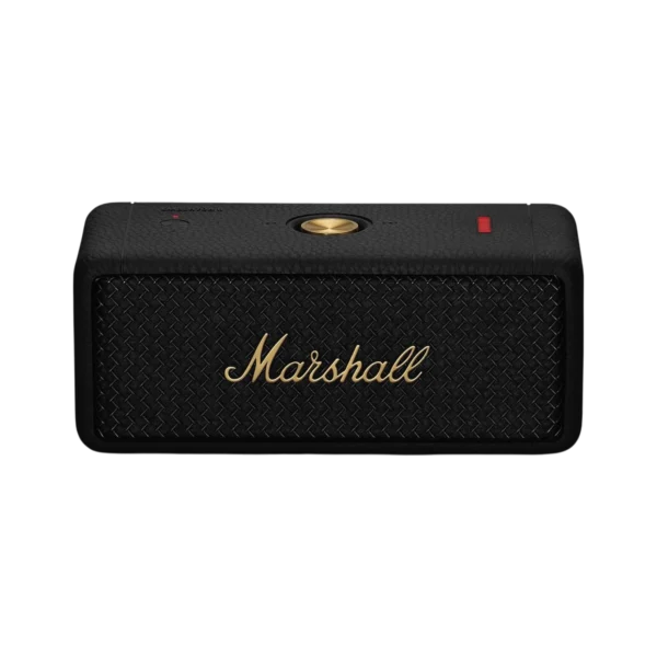 Marshall Emberton II Portable Speaker SUPERIOR SIGNATURE SOUND: Delivers sound that is rich, clear and loud, like the artist intended. Experience absolute 360° sound with True Stereophonic, a unique form of multi-directional sound from Marshall – where every spot is a sweet spot. 30+ HOURS OF PORTABLE PLAYTIME: Offers 30+ hours of portable playtime on a single charge. Its compact size, rugged durability and reliable playtime make it perfect to take with you. When you’re out of battery, Emberton II won’t keep you waiting long – plug in your speaker and return to full battery in 3 hours. ROADWORTHY IP67-RATED DESIGN: Tough and resilient, boasting an extremely durable and easy-to-use design that features an IP67 dust- and water-resistance rating. It won’t let rain or dirt get in the way of your music PAIR, PLAY, AND BRING THE LOUD: Won’t slow you down with a lengthy set-up – pair, play and let the good times roll. Download the dedicated app if you want to find the right sound with equaliser presets, and to keep your speaker up to date with Over-the-Air (OTA) updates. MULTI-SPEAKER SESSION WITH STACKMODE: Powered up with Stack Mode. Amplify your sound with a multi-speaker session by connecting your speaker to other Emberton II speakers. Create a sound as big as your imagination Details Emberton II produces a sound much larger than its size. Two 2’’ full range drivers and two passive radiators bring you the heavy Marshall sound you know and love. Experience absolute 360° sound with True Stereophonic, a unique form of multi-directional sound from Marshall. Weighing in at only 0.7 kg (1.5 lbs), this speaker is tough and resilient. Designed and engineered in Sweden. Made in China. Features Tech Specs - Icon - Marshall Signature Sound Marshall signature sound Tech Specs - Icon - True Stereophonic True Stereophonic (360° sound) Tech Specs - Icon - Playtime (30+ hours) 30+ hours of portable playtime Tech Specs - Icon - Dust & waterproof (IP67) Dust & waterproof (IP67) Tech Specs - Icon - Multidirectional control Multi-directional control knob Tech Specs - Icon - Iconic & rugged design Iconic & rugged design AUDIO SPECIFICATION Driver Type Dynamic Frequency range 60-20,000 Hz Drivers Two 2" 10 W full range Two passive radiators Adjustable bass and treble controls No Stereo/mono Stereo Maximum sound pressure level 87 dB SPL @ 1 m Cabinet principle Sealed with passive radiator POWER AMPLIFIERS Two 10 W Class D amplifiers Close-up of the Marshall Emberton II fret with the Marshall logo in script lettering in the middle. CONTROLS AND CONNECTIVITY Wireless connectivity Bluetooth 5.1 Wired connectivity No Bluetooth range 10 m / 30 ft Customise sound Yes, equaliser presets in app Top panel controls Multi-directional control knob Bluetooth pairing button WI-FI No Microphone system No Voice command No PHYSICAL UNIT Weight 0.7 kg / 1.5 lb Width 160 mm / 6.30" Height 68 mm / 2.68" Depth 76 mm / 2.99" Water Resistance IP67 Colorways Black and Brass Cream Black and Steel Country of origin Designed and engineered in Sweden. Made in China. A black Marshall Emberton II portable speaker with a textured front grille and brass Marshall logo is centered on a dark gray background. A black Marshall Emberton II portable speaker with a central brass control button, a red indicator light, and a vertical row of red LED bars on a dark background. A black Marshall Emberton II portable speaker with a textured front grill, a brass button on top, and a red LED indicator light, set against a dark background. Battery Play time 30+ hours Battery type Built-in, rechargeable Li-ion battery Quick Charging 20 minutes charge gives 4 hours of playtime Charging time 3 hours