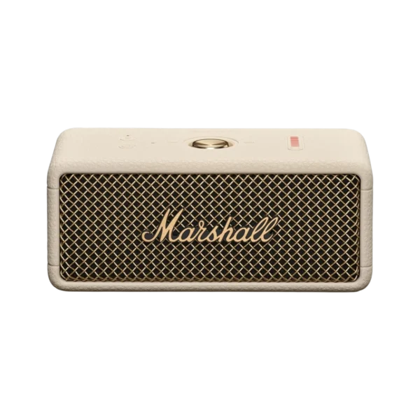 Marshall Emberton III Portable Bluetooth Speaker MARSHALL SIGNATURE SOUND: Features Marshall signature sound with Dynamic Loudness that adjusts the tonal balance of the audio to ensure your music sounds brilliant at every volume. TRUE STEREOPHONIC: A unique form of multi-directional sound from Marshall. Experience superior spatial and binaural sound that flows around you and fills any space. 32+ HOURS OF PORTABLE PLAYTIME: Offers 32+ hours of portable playtime on a single charge, so you can keep listening all day and into the next. DUST AND WATERPROOF: With an IP67 dust and waterproof rating you can submerge it in 1 m (3 ft) of water for up to 30 minutes. BUILT-IN MICROPHONE: Comes with a built-in microphone, so that you can take calls completely hands-free. Details Emberton III's rugged design means you can throw it in the back seat of your car, take it on a cross-country ride, or hit the beach, completely stress free. While you’re busy living life to the fullest, you’ll also experience absolute 360° sound. Fastening strap not included. Designed and engineered in Sweden. Made in China. Features Tech Specs - Icon - Marshall Signature Sound Marshall signature sound: Perfectly balanced audio at every volume. Tech Specs - Icon - True Stereophonic True Stereophonic (360° sound): Superior spatial and binaural sound that flows around you. Tech Specs - Icon - Playtime (30+ hours) 32+ hours of portable playtime: Reliable playtime on a single charge. Tech Specs - Icon - Dust & waterproof (IP67) Dust and waterproof: IP67 rating allows it to be submerged in water for up to 30 minutes.* *at a depth of 1m (3ft) Tech Specs - Icon - Built-in microphone Built-in microphone: Simple hands-free talking. Tech Specs - Icon - Bluetooth LE Bluetooth LE Audio-Ready: Future-proofed for the latest connectivity possibilities. AUDIO SPECIFICATION Driver Type Dynamic Frequency range 65-20,000 Hz Drivers 2” 10 W full range 2 passive radiators Stereo/mono Stereo Maximum sound pressure level 90 dB SPL @ 1 m Cabinet principle Sealed with passive radiator POWER AMPLIFIERS 2X38 W Class D amplifier Close-up of two stacked black Marshall Emberton III portable speakers with the brass Marshall logo in the middle. CONTROLS AND CONNECTIVITY Wireless connectivity Bluetooth 5.3 LE Bluetooth range Up to 100 m in free field Top panel controls Multi-directional control jog On/Off button Bluetooth pairing button Battery indication PHYSICAL UNIT Weight 0.67 kg / 1.5 lb Width 160mm / 6.3" Height 68mm / 2.7" Depth 76.9 mm / 3" Water Resistance IP67* * with an IP67 dust and waterproof rating you can submerge it in 1 m (3 ft) of water for a period of up to 30 minutes. Colorways Black and Brass Cream Sage Midnight Blue Black and Silver Vintage Black Country of origin Designed and engineered in Sweden. Made in China. A black Marshall Emberton III portable speaker with a brass letter logo is centered against a plain dark background. A black Marshall Emberton III portable speaker with a textured surface and a brass control knob on top, set against a plain dark background. A black Marshall Emberton III portable speaker with a brass control knob, on a dark gray background. Battery Play time 32+ hours Quick Charging 20 minutes charge gives 6 hours of playtime Charging time 2 hours