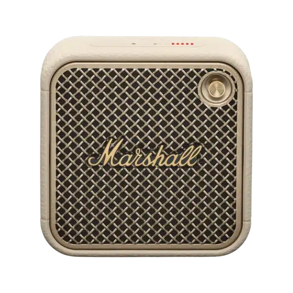 Marshall Willen II Portable Speaker MARSHALL SIGNATURE SOUND: Features balanced Marshall signature sound and harder hitting bass, Willen II punches above its size in more ways than one. 17+ HOURS OF PORTABLE PLAYTIME: Offers 17+ hours of portable playtime on a single charge, so you can keep listening and never run out of steam. DUST AND WATERPROOF: With an IP67 dust and waterproof rating you can submerge it in 1 m (3 ft) of water for up to 30 minutes. FASTENING STRAP: The ultimate multi-purpose speaker. Stand it up, lay it down, fix it to an object or let it hang thanks to its rubber fastening strap. BUILT-IN MICROPHONE: Comes with a built-in microphone, so that you can take calls completely hands-free. Details Willen II’s lightweight design and mighty sound mean you can make any setting come alive. It’s dust and waterproof, making it ready for life on the road. Just press play and wait for those heavy basslines to make the world around you rumble. Designed and engineered in Sweden. Made in China. Features Tech Specs - Icon - Marshall Signature Sound Marshall signature sound: Perfectly balanced audio and harder hitting bass. Tech Specs - Icon - 15+ hours 17+ hours of portable playtime: Reliable playtime from a single charge. Tech Specs - Icon - Dust & waterproof (IP67) Dust and waterproof: IP67 rating allows it to be submerged in water for up to 30 minutes.* *at a depth of 1m (3ft) Tech Specs - Icon - Built-in microphone Built-in microphone: Take calls completely hands-free. Tech Specs - Icon - Bluetooth LE Bluetooth LE Audio-ready: Future-proofed for the latest connectivity possibilities. Tech Specs - Icon - Fastening strap Fastening strap: Attach almost anywhere. AUDIO SPECIFICATION Driver Type Dynamic Frequency range 75-20,000 Hz Drivers One 2” 10 W full range 2 passive radiators Stereo/mono Mono Maximum sound pressure level 88 dB SPL @ 1 m Cabinet principle Sealed with passive radiator POWER AMPLIFIERS 38 W Class D amplifier Close-up of two black Marshall Willen II speakers with brass logo, attached to a horizontal black metal bar against a dark gray background. CONTROLS AND CONNECTIVITY Wireless connectivity Bluetooth 5.3 LE Bluetooth range Up to 100 m in free field Top panel controls Multi-directional control knob On/Off button Bluetooth pairing button Battery indication PHYSICAL UNIT Weight 0.36 kg / 0.79 lb Width 100.5mm / 3.96" Height 100.5 mm / 3.96" Depth 43.4mm / 1.71" Water Resistance IP67* * with an IP67 dust and waterproof rating you can submerge it in 1 m (3 ft) of water for a period of up to 30 minutes. Colorways Black and Brass Cream Country of origin Designed and engineered in Sweden. Made in China. A black Marshall Willen II Bluetooth speaker with a textured front grille and brass logo, set against a dark gray background. A black Marshall Willen II portable speaker with a textured surface, and a carrying strap lying across the back. A black Marshall Willen II portable speaker with a textured surface, brass logo, and visible control buttons and battery indicator on top, shown on a dark background. POWER MAINS INPUT VOLTAGE USB-C 5V/1.5A