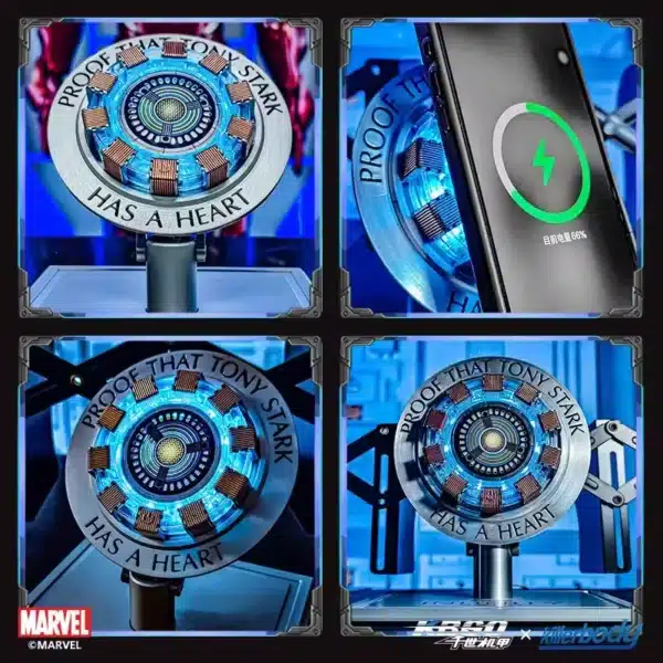 • **Marvel Iron Man Arc Reactor Wireless Charger** is a premium collectible-inspired wireless charging station designed to bring the iconic Arc Reactor from Iron Man to life while providing fast and efficient wireless charging. Crafted from CNC aluminum alloy with detailed movie-inspired aesthetics, this charger combines advanced 15W wireless fast charging technology, intelligent temperature control, magnetic charging functionality, immersive sound effects, and LED ambient lighting. Perfect for Marvel fans, collectors, and tech enthusiasts, it serves as both a functional charging accessory and a stunning desktop display piece. • **Authentic Arc Reactor Design** recreates the legendary Iron Man Arc Reactor with intricate detailing, making it an eye-catching centerpiece for any desk, gaming setup, or display collection. • **15W PD Wireless Fast Charging** supports high-speed wireless charging with compatibility for 15W, 10W, 7.5W, and 5W charging modes for a wide range of devices. • **Magnetic Charging Functionality** provides secure device alignment for efficient and stable wireless charging performance. • **Automatic Sensing & Lifting Mechanism** intelligently detects compatible devices and enhances the charging experience with dynamic operation. • **"Proof Tony Stark Has a Heart" Engraved Alloy Frame** features iconic English engraving on a premium CNC-machined metal outer frame, inspired by the Marvel universe. • **Premium CNC Aluminum Alloy Construction** delivers excellent durability, premium aesthetics, and a sophisticated metallic finish. • **Anodized Metal Wire-Drawing Process** enhances the appearance of the base bracket while improving scratch resistance and long-term durability. • **Exclusive Arc Reactor Sound Effects** activate when powered on, with immersive startup audio and double-click pulse energy sound effects for a cinematic experience. • **Intelligent Temperature Control System** monitors charging temperatures to help maintain safe and efficient charging performance. • **Embedded LED Ambient Lighting** recreates the glowing Arc Reactor effect and enhances the visual atmosphere of any workspace or gaming setup. • **5mm Charging Induction Distance** allows efficient wireless charging through most standard phone cases without removing them. • **Luxury Gift Box Packaging** makes it an excellent premium gift for Marvel fans, collectors, and technology enthusiasts. --- **Specifications** **Product Name:** Marvel Iron Man Arc Reactor Wireless Charger **Charging Type:** • Wireless Fast Charging **Input Power:** • 5V/2A • 9V/2A **Maximum Output Power:** • 15W Max **Wireless Charging Compatibility:** • 15W • 10W • 7.5W • 5W **Wireless Charging Induction Distance:** • Up to 5mm **Wireless Charging Coil Module Size:** • 59.5mm **Materials:** • CNC Aluminum Alloy • PC • ABS • Electronic Components **Product Dimensions:** • 164 × 164 × 154 mm **Package Dimensions:** • 205 × 205 × 100 mm **Lighting Effects:** • Embedded LED Ambient Lighting **Sound Effects:** • Power-On Exclusive Sound Effect • Double-Click Pulse Energy Sound Effect **Special Features:** • Arc Reactor-inspired design • Magnetic charging support • Automatic sensing technology • Intelligent lifting mechanism • Intelligent temperature control • CNC alloy engraved outer frame • Premium anodized finish • Display and collectible functionality **Package Type:** • Premium Gift Box Packaging --- **Q&A** **Q1: What is the maximum charging speed supported by the Arc Reactor Charger?** A1: It supports up to 15W wireless fast charging for compatible devices. **Q2: Does it support magnetic charging?** A2: Yes, it features magnetic charging functionality for secure device alignment and charging efficiency. **Q3: Can it charge phones through a case?** A3: Yes, the charger supports a wireless induction distance of up to 5mm, allowing charging through most standard phone cases. **Q4: Does it include LED lighting effects?** A4: Yes, it features built-in LED ambient lighting designed to replicate the iconic Arc Reactor glow. **Q5: Are there sound effects included?** A5: Yes, the charger plays exclusive startup sounds and pulse energy sound effects for an immersive experience. **Q6: What materials are used in its construction?** A6: It is made from premium CNC aluminum alloy, PC, ABS, and high-quality electronic components. **Q7: Is this charger suitable as a display piece?** A7: Yes, its movie-inspired Arc Reactor design makes it an excellent collectible and decorative desktop centerpiece. **Q8: Does it have temperature protection?** A8: Yes, it includes intelligent temperature control technology for safer charging performance. **Q9: Which charging power levels are supported?** A9: The charger supports 15W, 10W, 7.5W, and 5W wireless charging modes. **Q10: Is it a good gift for Marvel fans?** A10: Absolutely. The premium construction, iconic design, LED effects, sound features, and luxury packaging make it an excellent gift for Marvel and Iron Man enthusiasts.