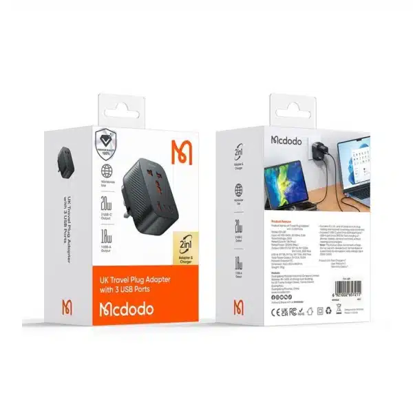 Mcdodo CP‐0810 UK Travel Plug Adapter with 3 USB Ports Series Name: G4 Series Product Name: UK Travel Plug Adapter with 3 USB Ports Material: Fireproof PC Input: AC 100-240V, 50/60Hz, 0.8A Rated Voltage: 250V Rated Current: 15A (Max.) Rated Power: 3750W (Max.) Output: Output: USB-C1/C2: 5V⎓3A, 9V⎓2.22A, 12V⎓1.67A, 20W Max. USB-A: 5V⎓3A, 9V⎓2A, 12V⎓1.5A, 18W Max. Total Power Output: 5V⎓3.1A, 15.5W 1) Type-C supports PD2.0, PD3.0, QC3.0, QC4.0, FCP, Apple 2.4A, Samsung AFC, BC1.2 2) USB-A supports QC2.0, QC3.0, FCP, SCP, Apple 2.4A, Samsung AFC, BC1.2 Product size: 76.2*55.2*69.5mm N.W.: 120g 1. Compatible with plugs over more countries and regions for adapting UK area using 2. Safe valve structure is especially important for the safety of children 3. Compact and lightweight