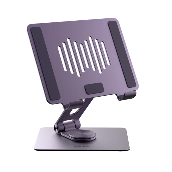 Momax KH8 Fold Stand Rotating Tablet Stand Compatible with 10.5 to 12.9-inch tablets 360 degrees rotatable swivel base Adjustable height for more comfort Made with premium grade aluminum alloy Carry weight (Up to 1000g) Designed for 10.5 to 12.9-inch Tablet, it comes with a 360° swivel base, suitable for multi-angle display, video calls or online learning, improving productivity in all aspects. The loading capacity reaches 1000g, which perfectly holds 12.9” tablet computers2-fold design, folded like an iPad Mini/Kindle size, easy to carry and easy to store. Click rotating base enables finger to rotate the device and adjust position Comes with 9 pieces of non-slip silicone to eliminate the problem of moving/dumping when using the tablet. Aviation-grade aluminum alloy panel, cooling and cooling the back of the tablet, which can be used to assist the tablet for a long time. Ultra-stable structure, never shake when typing and drawing. Smart double hook design, compatible with most tablet devices , without obstructing the charging position, you can watch horizontal/vertical videos while charging. Dimensions: 178 x 130 x 26mm (folded) / 178 x 130 x 190mm (unfolded) Weight: 379g±10g Color: Space Gray SKU: KH8E, KH8U, KH8S
