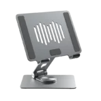 Momax KH8 Fold Stand Rotating Tablet Stand Compatible with 10.5 to 12.9-inch tablets 360 degrees rotatable swivel base Adjustable height for more comfort Made with premium grade aluminum alloy Carry weight (Up to 1000g) Designed for 10.5 to 12.9-inch Tablet, it comes with a 360° swivel base, suitable for multi-angle display, video calls or online learning, improving productivity in all aspects. The loading capacity reaches 1000g, which perfectly holds 12.9” tablet computers2-fold design, folded like an iPad Mini/Kindle size, easy to carry and easy to store. Click rotating base enables finger to rotate the device and adjust position Comes with 9 pieces of non-slip silicone to eliminate the problem of moving/dumping when using the tablet. Aviation-grade aluminum alloy panel, cooling and cooling the back of the tablet, which can be used to assist the tablet for a long time. Ultra-stable structure, never shake when typing and drawing. Smart double hook design, compatible with most tablet devices , without obstructing the charging position, you can watch horizontal/vertical videos while charging. Dimensions: 178 x 130 x 26mm (folded) / 178 x 130 x 190mm (unfolded) Weight: 379g±10g Color: Space Gray SKU: KH8E, KH8U, KH8S