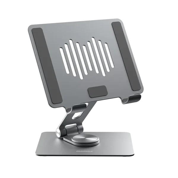 Momax KH8 Fold Stand Rotating Tablet Stand Compatible with 10.5 to 12.9-inch tablets 360 degrees rotatable swivel base Adjustable height for more comfort Made with premium grade aluminum alloy Carry weight (Up to 1000g) Designed for 10.5 to 12.9-inch Tablet, it comes with a 360° swivel base, suitable for multi-angle display, video calls or online learning, improving productivity in all aspects. The loading capacity reaches 1000g, which perfectly holds 12.9” tablet computers2-fold design, folded like an iPad Mini/Kindle size, easy to carry and easy to store. Click rotating base enables finger to rotate the device and adjust position Comes with 9 pieces of non-slip silicone to eliminate the problem of moving/dumping when using the tablet. Aviation-grade aluminum alloy panel, cooling and cooling the back of the tablet, which can be used to assist the tablet for a long time. Ultra-stable structure, never shake when typing and drawing. Smart double hook design, compatible with most tablet devices , without obstructing the charging position, you can watch horizontal/vertical videos while charging. Dimensions: 178 x 130 x 26mm (folded) / 178 x 130 x 190mm (unfolded) Weight: 379g±10g Color: Space Gray SKU: KH8E, KH8U, KH8S