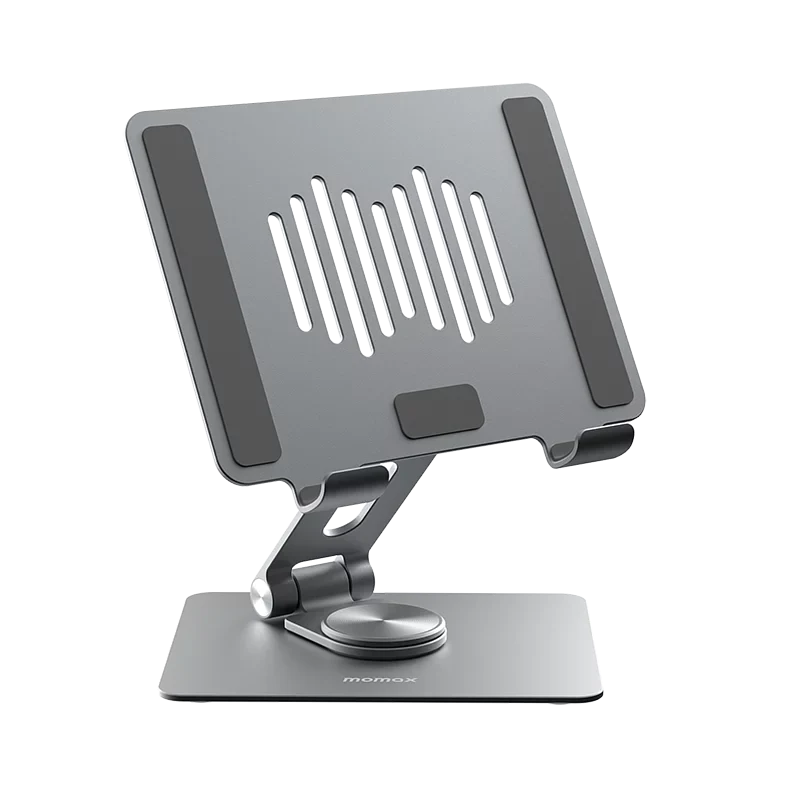 Momax KH8 Fold Stand Rotating Tablet Stand (7) Momax KH8 Fold Stand Rotating Tablet Stand Compatible with 10.5 to 12.9-inch tablets 360 degrees rotatable swivel base Adjustable height for more comfort Made with premium grade aluminum alloy Carry weight (Up to 1000g) Designed for 10.5 to 12.9-inch Tablet, it comes with a 360° swivel base, suitable for multi-angle display, video calls or online learning, improving productivity in all aspects. The loading capacity reaches 1000g, which perfectly holds 12.9” tablet computers2-fold design, folded like an iPad Mini/Kindle size, easy to carry and easy to store. Click rotating base enables finger to rotate the device and adjust position Comes with 9 pieces of non-slip silicone to eliminate the problem of moving/dumping when using the tablet. Aviation-grade aluminum alloy panel, cooling and cooling the back of the tablet, which can be used to assist the tablet for a long time. Ultra-stable structure, never shake when typing and drawing. Smart double hook design, compatible with most tablet devices , without obstructing the charging position, you can watch horizontal/vertical videos while charging. Dimensions: 178 x 130 x 26mm (folded) / 178 x 130 x 190mm (unfolded) Weight: 379g±10g Color: Space Gray SKU: KH8E, KH8U, KH8S
