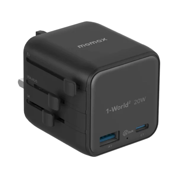 Momax UA29 1-World² 20W Universal 2-Port USB Travel Adapter Specifications: Rated input voltage range: 100-240V 50/60Hz Pin specifications: CN/TW/US; UK/EU/AU USB-C1 output: PD 20W USB-A1 output: 18W USB-C1 + A1 output: 5V 3A Safety certification: CE, FCC, RoHs Materials: Fire-resistant PC Dimensions: 50 x 55.5 x 54.3mm Weight: 105g SKU: UA29D, UA29W, UA29M GaN tech for efficient, powerful charging in a sleek design Compact design that fits seamlessly into any corner of your luggage Universal compatibility across 180+ countries Dual outputs with 1 x USB-C PD and 1 x USB-A to power multiple devices simultaneously Design patent pending, ensuring you charge with originality and style