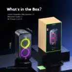 • **Oraimo SpaceBox Max 200W Auracast™ Wireless Party Speaker (OBS-982)** is a high-performance portable party speaker engineered to deliver powerful sound, dynamic lighting, and professional entertainment features for both indoor and outdoor events. Equipped with dual 6.5-inch subwoofers, 2.25-inch tweeters, and exclusive HavyBass™ tuning technology, the SpaceBox Max produces an impressive 200W output with deep bass and crystal-clear highs. Featuring Auracast™ synchronized playback, customizable karaoke effects, music-sync lighting, multiple playback options, and both battery and AC-powered operation, this speaker is designed to keep the party going wherever you are. • **Massive 200W Audio Output** delivers room-filling sound with powerful bass and detailed highs for parties, events, and performances. • **Dual 6.5-Inch Subwoofers & 2.25-Inch Tweeters** provide immersive audio performance with enhanced low-frequency response. • **Exclusive HavyBass™ Sound Tuning** enhances bass impact while maintaining vocal and instrument clarity. • **Auracast™ Multi-Speaker Synchronization** allows connection of over 100 compatible speakers for large-scale synchronized audio coverage. • **Customizable Karaoke Effects** enable adjustment of bass, treble, reverb, and accompaniment music through the Oraimo Sound App. • **Music-Sync Infinite Lighting Effects** create a vibrant light show synchronized with the rhythm of your music. • **Battery and AC Dual Power Modes** support continuous playback while charging, ensuring uninterrupted entertainment. • **Multiple Input Options** include Bluetooth, AUX-In, USB Drive, Memory Card, Microphone Input, and Guitar Input. • **Portable Double-Handle Design** makes transportation easier for outdoor events, performances, and gatherings. • **IPX4 Water Resistance** offers protection against splashes and light rain for outdoor use. --- ## Specifications **Product Name:** Oraimo SpaceBox Max 200W Auracast™ Wireless Party Speaker **Model:** • OBS-982 **Product Type:** • Portable Wireless Party Speaker **Bluetooth Version:** • Bluetooth 6.0 **Wireless Range:** • Up to 10m **Speaker Output Power:** • 200W **Frequency Response:** • 40Hz – 20kHz **Speaker Configuration:** • Dual 6.5-Inch Subwoofers • Dual 2.25-Inch Tweeters **Audio Technology:** • HavyBass™ Sound Tuning **Battery Capacity:** • 5200mAh / 11.1V **Playback Time:** • Up to 6 Hours (Maximum Volume) • Up to 15 Hours (Medium Volume) **Charging Time:** • Approximately 2.5 Hours **Charging Input:** • 100-240V~50/60Hz 170W **Charging Output:** • 4W **Power Modes:** • Battery Powered • AC Powered **Auracast™ Functionality:** • Supports Synchronization of 100+ Compatible Speakers **Lighting Features:** • Infinite Light Trail Effects • Dynamic Strobe Effects • Music-Synchronized Lighting • App-Controlled Color Customization **Karaoke Features:** • Adjustable Bass • Adjustable Treble • Reverb Control • Accompaniment Music Control **Audio Playback Modes:** • Bluetooth • AUX-In • USB Drive • Memory Card **Input Ports:** • 6.35mm Microphone Input • 6.35mm Guitar Input **Water Resistance Rating:** • IPX4 **Control Options:** • Physical Controls • Oraimo Sound App **Design Features:** • Dual Carry Handles • Tripod Mount Hole • Portable Party Design **Product Dimensions:** • 585 × 286 × 266 mm **Suitable For:** • Parties • Outdoor Gatherings • Karaoke Sessions • Live Performances • Street Shows • Events • Camping Trips --- ## Q&A **Q1: How powerful is the Oraimo SpaceBox Max speaker?** The SpaceBox Max delivers an impressive 200W audio output, providing powerful sound suitable for large gatherings and events. **Q2: How long does the battery last?** The speaker provides up to 15 hours of playback at medium volume and approximately 6 hours at maximum volume. **Q3: What is Auracast™ support?** Auracast™ allows you to connect and synchronize over 100 compatible speakers for a larger and more immersive sound experience. **Q4: Can I use a microphone with the SpaceBox Max?** Yes, it includes a 6.35mm microphone input, making it suitable for karaoke and announcements. **Q5: Does it support guitar connection?** Yes, the speaker features a dedicated 6.35mm guitar input for live performances. **Q6: Can I customize karaoke sound effects?** Yes, the Oraimo Sound App allows adjustment of bass, treble, reverb, and accompaniment settings. **Q7: What playback methods are supported?** The speaker supports Bluetooth, AUX-In, USB drive playback, memory cards, microphone input, and guitar input. **Q8: Is the speaker waterproof?** The SpaceBox Max is rated IPX4, making it resistant to splashes and light rain. **Q9: Can the speaker operate while charging?** Yes, the built-in power-path management system allows continuous playback while connected to AC power and charging. **Q10: Who is the Oraimo SpaceBox Max ideal for?** It is ideal for party hosts, DJs, performers, karaoke enthusiasts, event organizers, outdoor adventurers, and anyone seeking powerful portable sound with professional entertainment features.