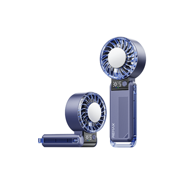 REMAX RS-SF27 Foldable Handheld Fan RS-SF27 Folding semiconductor cooling handheld high-speed fan Product Color: White, Blue Product Material: ABS Product Craftsmanship: Material/Metallic Paint + Excimer Product Capacity: 6000mah Input Current: 5V-2A Rated Power: 3W Charging Time: Approx. 4.5H Full Change: Fully Charged LED is always on Charging Interface: Type-c Using Time: Maximum Wind: 7H, Minimum Wind: 18H Bare Bones Size: 190*74*44.7mm bare weight: 232g Super windy, ice-cold.Folding semiconductor cooling handheld high-speed fan imageRapid Cooling Ice Wind 5-speed high windEasy to adapt to various scenes Stylish, lightweight and powerful imageHigh RPM Silent Engine Turbocharging technologyBrushless motor, silent air duct design Quietly enjoy the high wind power imageLarge 4000mAh battery Enjoy a cool dayCool from morning to night With 13 hours of long battery life, it's really cool when it blows for a long time! imageIce packs to cool you down in the summer Take a small ice cube with you when you go out in the summerSemiconductor Ice Magnets for Instant Cooling REMAX RS-SF27 Foldable Handheld Fan Semiconductor Cooling Digital Display 5-Speed Desktop Fan - Blue 【Semiconductor Cooling Technology】Advanced semiconductor ice magnetic sheets provide instant cooling sensation, delivering refreshing relief in hot weather. 【4000mAh Long-Lasting Battery】High-capacity battery provides up to 13 hours of operation on minimum speed and 4 hours on maximum speed for extended use. 【5m/s High-Speed Performance】Powerful 5-speed brushless motor with turbocharging technology delivers strong airflow up to 5 meters per second. 【Foldable Multi-Scene Design】90-degree foldable structure supports handheld, neck-hanging with lanyard, and desktop stand modes for versatile usage. 【Smart Display & Safety Lock】Built-in dot matrix display shows battery level and wind speed settings clearly, with independent safety lock to prevent accidental operation. Specifications: Model: RS-SF27 Material: ABS Output Power: 3W Battery Capacity: 4000mAh Charging Input: 5V⎓2A Charging Time: 4.5 hours Wind Speed Gear: 5-speed Charging Interface: Type-C Operating Time: Max Speed 4H, Min Speed 13H