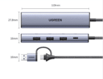 • **UGREEN CM475 (15623) USB A+C to Ethernet Adapter RJ45 5-in-1 USB-C Hub** is a versatile and high-performance connectivity solution designed to expand the capabilities of laptops, desktops, tablets, gaming consoles, and compatible smartphones. Featuring a Gigabit Ethernet port, three USB 3.0 ports, and dual USB-A/USB-C host compatibility, this compact hub provides fast wired networking and high-speed data transfer in a premium aluminum alloy design. With Plug & Play functionality, wide operating system support, and additional power input for high-demand peripherals, it is ideal for work, gaming, entertainment, and professional productivity. • **5-in-1 Multiport Expansion Design** combines Gigabit Ethernet connectivity and three USB 3.0 ports into a single compact adapter, expanding device connectivity with ease. • **Dual USB-A & USB-C Compatibility** allows flexible connection to modern USB-C devices and traditional USB-A devices without requiring separate adapters. • **Gigabit Ethernet RJ45 Port** supports network speeds up to 1000Mbps, providing a faster, more stable, and more reliable internet connection than Wi-Fi for gaming, streaming, and professional use. • **Three USB 3.0 High-Speed Ports** support simultaneous connection of peripherals such as keyboards, mice, USB flash drives, printers, and external HDD/SSD storage devices. • **5Gbps SuperSpeed Data Transfer** enables rapid file synchronization and data transmission, delivering speeds up to 10 times faster than USB 2.0. • **Additional USB-C Power Port** provides supplementary power for high-power accessories such as external hard drives and multiple connected peripherals, ensuring stable performance. • **Plug & Play Convenience** allows immediate operation on most modern systems without installing additional software or drivers. • **Premium Aluminum Alloy Construction** improves durability, heat dissipation, and resistance to daily wear while maintaining a sleek professional appearance. • **Wide Compatibility Support** works with Windows, macOS, Chrome OS, Nintendo Switch, Xiaomi Mi Box, tablets, smartphones with OTG support, and various USB-enabled devices. • **Advanced Safety Protection System** protects connected devices against overcurrent, overvoltage, overload, and short-circuit conditions for reliable everyday use. --- ## Specifications **Product Name:** UGREEN CM475 (15623) USB A+C to Ethernet Adapter RJ45 5-in-1 USB-C Hub **Brand:** • UGREEN **Model:** • CM475 **SKU:** • 15623 **Color:** • Space Gray **Hardware Interfaces:** • USB Type-C • USB Type-A • RJ45 Ethernet • USB 3.0 **Ports:** • 1 × Gigabit Ethernet (RJ45) • 3 × USB 3.0 Data Ports • 1 × USB-C Power Input Port **Ethernet Speed:** • 10/100/1000 Mbps Gigabit Ethernet **USB Data Transfer Speed:** • Up to 5Gbps **Material:** • Aluminum Alloy **Cable Type:** • Braided Cable **Network Standards:** • 10Mbps • 100Mbps • 1000Mbps **Power Features:** • Additional USB-C power input for high-power peripherals • Does not support laptop charging **Compatibility:** • Windows 11 • Windows 10 • Windows 8.1 • Windows 8 • macOS • Chrome OS • Linux (driver required) • Windows XP / 7 / Vista (driver required) **Supported Devices:** • Laptops • Desktop PCs • Tablets • Smartphones with OTG support • Nintendo Switch • Xiaomi Mi Box • External HDD/SSD • Printers • Keyboards • Mice • USB Flash Drives **Features:** • Plug & Play • Gigabit Ethernet • High-speed USB expansion • Compact portable design • Efficient heat dissipation • Multiple device support • Aluminum alloy housing **Safety Protection:** • Overcurrent Protection • Overvoltage Protection • Overload Protection • Short Circuit Protection --- ## Q&A **Q1: What does the UGREEN CM475 hub offer?** It provides 3 USB 3.0 ports, a Gigabit Ethernet port, and dual USB-A/USB-C host compatibility in one compact adapter. **Q2: What is the maximum Ethernet speed?** The RJ45 port supports up to 1000Mbps Gigabit Ethernet. **Q3: How fast are the USB ports?** The USB 3.0 ports support data transfer speeds up to 5Gbps. **Q4: Can I connect multiple USB devices at once?** Yes, the three USB 3.0 ports can be used simultaneously. **Q5: Does it require driver installation?** Most modern operating systems support Plug & Play. Older Windows and Linux versions may require drivers. **Q6: Can it charge my laptop through the USB-C port?** No, the USB-C port is only for supplementary power input and does not support laptop charging. **Q7: Is it suitable for online gaming?** Yes, the Gigabit Ethernet connection provides a more stable and lower-latency connection than Wi-Fi. **Q8: Can it work with smartphones and tablets?** Yes, devices with USB-C and OTG support can use the adapter. **Q9: Does the aluminum body help with heat management?** Yes, the aluminum alloy housing improves heat dissipation during heavy use. **Q10: Is it portable for travel and office use?** Yes, its compact design and braided cable make it easy to carry and use anywhere.