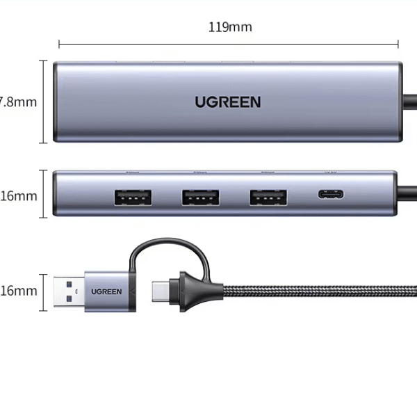 • **UGREEN CM475 (15623) USB A+C to Ethernet Adapter RJ45 5-in-1 USB-C Hub** is a versatile and high-performance connectivity solution designed to expand the capabilities of laptops, desktops, tablets, gaming consoles, and compatible smartphones. Featuring a Gigabit Ethernet port, three USB 3.0 ports, and dual USB-A/USB-C host compatibility, this compact hub provides fast wired networking and high-speed data transfer in a premium aluminum alloy design. With Plug & Play functionality, wide operating system support, and additional power input for high-demand peripherals, it is ideal for work, gaming, entertainment, and professional productivity. • **5-in-1 Multiport Expansion Design** combines Gigabit Ethernet connectivity and three USB 3.0 ports into a single compact adapter, expanding device connectivity with ease. • **Dual USB-A & USB-C Compatibility** allows flexible connection to modern USB-C devices and traditional USB-A devices without requiring separate adapters. • **Gigabit Ethernet RJ45 Port** supports network speeds up to 1000Mbps, providing a faster, more stable, and more reliable internet connection than Wi-Fi for gaming, streaming, and professional use. • **Three USB 3.0 High-Speed Ports** support simultaneous connection of peripherals such as keyboards, mice, USB flash drives, printers, and external HDD/SSD storage devices. • **5Gbps SuperSpeed Data Transfer** enables rapid file synchronization and data transmission, delivering speeds up to 10 times faster than USB 2.0. • **Additional USB-C Power Port** provides supplementary power for high-power accessories such as external hard drives and multiple connected peripherals, ensuring stable performance. • **Plug & Play Convenience** allows immediate operation on most modern systems without installing additional software or drivers. • **Premium Aluminum Alloy Construction** improves durability, heat dissipation, and resistance to daily wear while maintaining a sleek professional appearance. • **Wide Compatibility Support** works with Windows, macOS, Chrome OS, Nintendo Switch, Xiaomi Mi Box, tablets, smartphones with OTG support, and various USB-enabled devices. • **Advanced Safety Protection System** protects connected devices against overcurrent, overvoltage, overload, and short-circuit conditions for reliable everyday use. --- ## Specifications **Product Name:** UGREEN CM475 (15623) USB A+C to Ethernet Adapter RJ45 5-in-1 USB-C Hub **Brand:** • UGREEN **Model:** • CM475 **SKU:** • 15623 **Color:** • Space Gray **Hardware Interfaces:** • USB Type-C • USB Type-A • RJ45 Ethernet • USB 3.0 **Ports:** • 1 × Gigabit Ethernet (RJ45) • 3 × USB 3.0 Data Ports • 1 × USB-C Power Input Port **Ethernet Speed:** • 10/100/1000 Mbps Gigabit Ethernet **USB Data Transfer Speed:** • Up to 5Gbps **Material:** • Aluminum Alloy **Cable Type:** • Braided Cable **Network Standards:** • 10Mbps • 100Mbps • 1000Mbps **Power Features:** • Additional USB-C power input for high-power peripherals • Does not support laptop charging **Compatibility:** • Windows 11 • Windows 10 • Windows 8.1 • Windows 8 • macOS • Chrome OS • Linux (driver required) • Windows XP / 7 / Vista (driver required) **Supported Devices:** • Laptops • Desktop PCs • Tablets • Smartphones with OTG support • Nintendo Switch • Xiaomi Mi Box • External HDD/SSD • Printers • Keyboards • Mice • USB Flash Drives **Features:** • Plug & Play • Gigabit Ethernet • High-speed USB expansion • Compact portable design • Efficient heat dissipation • Multiple device support • Aluminum alloy housing **Safety Protection:** • Overcurrent Protection • Overvoltage Protection • Overload Protection • Short Circuit Protection --- ## Q&A **Q1: What does the UGREEN CM475 hub offer?** It provides 3 USB 3.0 ports, a Gigabit Ethernet port, and dual USB-A/USB-C host compatibility in one compact adapter. **Q2: What is the maximum Ethernet speed?** The RJ45 port supports up to 1000Mbps Gigabit Ethernet. **Q3: How fast are the USB ports?** The USB 3.0 ports support data transfer speeds up to 5Gbps. **Q4: Can I connect multiple USB devices at once?** Yes, the three USB 3.0 ports can be used simultaneously. **Q5: Does it require driver installation?** Most modern operating systems support Plug & Play. Older Windows and Linux versions may require drivers. **Q6: Can it charge my laptop through the USB-C port?** No, the USB-C port is only for supplementary power input and does not support laptop charging. **Q7: Is it suitable for online gaming?** Yes, the Gigabit Ethernet connection provides a more stable and lower-latency connection than Wi-Fi. **Q8: Can it work with smartphones and tablets?** Yes, devices with USB-C and OTG support can use the adapter. **Q9: Does the aluminum body help with heat management?** Yes, the aluminum alloy housing improves heat dissipation during heavy use. **Q10: Is it portable for travel and office use?** Yes, its compact design and braided cable make it easy to carry and use anywhere.