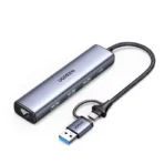• **UGREEN CM475 (15623) USB A+C to Ethernet Adapter RJ45 5-in-1 USB-C Hub** is a versatile and high-performance connectivity solution designed to expand the capabilities of laptops, desktops, tablets, gaming consoles, and compatible smartphones. Featuring a Gigabit Ethernet port, three USB 3.0 ports, and dual USB-A/USB-C host compatibility, this compact hub provides fast wired networking and high-speed data transfer in a premium aluminum alloy design. With Plug & Play functionality, wide operating system support, and additional power input for high-demand peripherals, it is ideal for work, gaming, entertainment, and professional productivity. • **5-in-1 Multiport Expansion Design** combines Gigabit Ethernet connectivity and three USB 3.0 ports into a single compact adapter, expanding device connectivity with ease. • **Dual USB-A & USB-C Compatibility** allows flexible connection to modern USB-C devices and traditional USB-A devices without requiring separate adapters. • **Gigabit Ethernet RJ45 Port** supports network speeds up to 1000Mbps, providing a faster, more stable, and more reliable internet connection than Wi-Fi for gaming, streaming, and professional use. • **Three USB 3.0 High-Speed Ports** support simultaneous connection of peripherals such as keyboards, mice, USB flash drives, printers, and external HDD/SSD storage devices. • **5Gbps SuperSpeed Data Transfer** enables rapid file synchronization and data transmission, delivering speeds up to 10 times faster than USB 2.0. • **Additional USB-C Power Port** provides supplementary power for high-power accessories such as external hard drives and multiple connected peripherals, ensuring stable performance. • **Plug & Play Convenience** allows immediate operation on most modern systems without installing additional software or drivers. • **Premium Aluminum Alloy Construction** improves durability, heat dissipation, and resistance to daily wear while maintaining a sleek professional appearance. • **Wide Compatibility Support** works with Windows, macOS, Chrome OS, Nintendo Switch, Xiaomi Mi Box, tablets, smartphones with OTG support, and various USB-enabled devices. • **Advanced Safety Protection System** protects connected devices against overcurrent, overvoltage, overload, and short-circuit conditions for reliable everyday use. --- ## Specifications **Product Name:** UGREEN CM475 (15623) USB A+C to Ethernet Adapter RJ45 5-in-1 USB-C Hub **Brand:** • UGREEN **Model:** • CM475 **SKU:** • 15623 **Color:** • Space Gray **Hardware Interfaces:** • USB Type-C • USB Type-A • RJ45 Ethernet • USB 3.0 **Ports:** • 1 × Gigabit Ethernet (RJ45) • 3 × USB 3.0 Data Ports • 1 × USB-C Power Input Port **Ethernet Speed:** • 10/100/1000 Mbps Gigabit Ethernet **USB Data Transfer Speed:** • Up to 5Gbps **Material:** • Aluminum Alloy **Cable Type:** • Braided Cable **Network Standards:** • 10Mbps • 100Mbps • 1000Mbps **Power Features:** • Additional USB-C power input for high-power peripherals • Does not support laptop charging **Compatibility:** • Windows 11 • Windows 10 • Windows 8.1 • Windows 8 • macOS • Chrome OS • Linux (driver required) • Windows XP / 7 / Vista (driver required) **Supported Devices:** • Laptops • Desktop PCs • Tablets • Smartphones with OTG support • Nintendo Switch • Xiaomi Mi Box • External HDD/SSD • Printers • Keyboards • Mice • USB Flash Drives **Features:** • Plug & Play • Gigabit Ethernet • High-speed USB expansion • Compact portable design • Efficient heat dissipation • Multiple device support • Aluminum alloy housing **Safety Protection:** • Overcurrent Protection • Overvoltage Protection • Overload Protection • Short Circuit Protection --- ## Q&A **Q1: What does the UGREEN CM475 hub offer?** It provides 3 USB 3.0 ports, a Gigabit Ethernet port, and dual USB-A/USB-C host compatibility in one compact adapter. **Q2: What is the maximum Ethernet speed?** The RJ45 port supports up to 1000Mbps Gigabit Ethernet. **Q3: How fast are the USB ports?** The USB 3.0 ports support data transfer speeds up to 5Gbps. **Q4: Can I connect multiple USB devices at once?** Yes, the three USB 3.0 ports can be used simultaneously. **Q5: Does it require driver installation?** Most modern operating systems support Plug & Play. Older Windows and Linux versions may require drivers. **Q6: Can it charge my laptop through the USB-C port?** No, the USB-C port is only for supplementary power input and does not support laptop charging. **Q7: Is it suitable for online gaming?** Yes, the Gigabit Ethernet connection provides a more stable and lower-latency connection than Wi-Fi. **Q8: Can it work with smartphones and tablets?** Yes, devices with USB-C and OTG support can use the adapter. **Q9: Does the aluminum body help with heat management?** Yes, the aluminum alloy housing improves heat dissipation during heavy use. **Q10: Is it portable for travel and office use?** Yes, its compact design and braided cable make it easy to carry and use anywhere.