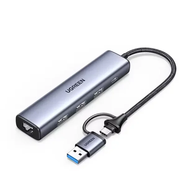 • **UGREEN CM475 (15623) USB A+C to Ethernet Adapter RJ45 5-in-1 USB-C Hub** is a versatile and high-performance connectivity solution designed to expand the capabilities of laptops, desktops, tablets, gaming consoles, and compatible smartphones. Featuring a Gigabit Ethernet port, three USB 3.0 ports, and dual USB-A/USB-C host compatibility, this compact hub provides fast wired networking and high-speed data transfer in a premium aluminum alloy design. With Plug & Play functionality, wide operating system support, and additional power input for high-demand peripherals, it is ideal for work, gaming, entertainment, and professional productivity. • **5-in-1 Multiport Expansion Design** combines Gigabit Ethernet connectivity and three USB 3.0 ports into a single compact adapter, expanding device connectivity with ease. • **Dual USB-A & USB-C Compatibility** allows flexible connection to modern USB-C devices and traditional USB-A devices without requiring separate adapters. • **Gigabit Ethernet RJ45 Port** supports network speeds up to 1000Mbps, providing a faster, more stable, and more reliable internet connection than Wi-Fi for gaming, streaming, and professional use. • **Three USB 3.0 High-Speed Ports** support simultaneous connection of peripherals such as keyboards, mice, USB flash drives, printers, and external HDD/SSD storage devices. • **5Gbps SuperSpeed Data Transfer** enables rapid file synchronization and data transmission, delivering speeds up to 10 times faster than USB 2.0. • **Additional USB-C Power Port** provides supplementary power for high-power accessories such as external hard drives and multiple connected peripherals, ensuring stable performance. • **Plug & Play Convenience** allows immediate operation on most modern systems without installing additional software or drivers. • **Premium Aluminum Alloy Construction** improves durability, heat dissipation, and resistance to daily wear while maintaining a sleek professional appearance. • **Wide Compatibility Support** works with Windows, macOS, Chrome OS, Nintendo Switch, Xiaomi Mi Box, tablets, smartphones with OTG support, and various USB-enabled devices. • **Advanced Safety Protection System** protects connected devices against overcurrent, overvoltage, overload, and short-circuit conditions for reliable everyday use. --- ## Specifications **Product Name:** UGREEN CM475 (15623) USB A+C to Ethernet Adapter RJ45 5-in-1 USB-C Hub **Brand:** • UGREEN **Model:** • CM475 **SKU:** • 15623 **Color:** • Space Gray **Hardware Interfaces:** • USB Type-C • USB Type-A • RJ45 Ethernet • USB 3.0 **Ports:** • 1 × Gigabit Ethernet (RJ45) • 3 × USB 3.0 Data Ports • 1 × USB-C Power Input Port **Ethernet Speed:** • 10/100/1000 Mbps Gigabit Ethernet **USB Data Transfer Speed:** • Up to 5Gbps **Material:** • Aluminum Alloy **Cable Type:** • Braided Cable **Network Standards:** • 10Mbps • 100Mbps • 1000Mbps **Power Features:** • Additional USB-C power input for high-power peripherals • Does not support laptop charging **Compatibility:** • Windows 11 • Windows 10 • Windows 8.1 • Windows 8 • macOS • Chrome OS • Linux (driver required) • Windows XP / 7 / Vista (driver required) **Supported Devices:** • Laptops • Desktop PCs • Tablets • Smartphones with OTG support • Nintendo Switch • Xiaomi Mi Box • External HDD/SSD • Printers • Keyboards • Mice • USB Flash Drives **Features:** • Plug & Play • Gigabit Ethernet • High-speed USB expansion • Compact portable design • Efficient heat dissipation • Multiple device support • Aluminum alloy housing **Safety Protection:** • Overcurrent Protection • Overvoltage Protection • Overload Protection • Short Circuit Protection --- ## Q&A **Q1: What does the UGREEN CM475 hub offer?** It provides 3 USB 3.0 ports, a Gigabit Ethernet port, and dual USB-A/USB-C host compatibility in one compact adapter. **Q2: What is the maximum Ethernet speed?** The RJ45 port supports up to 1000Mbps Gigabit Ethernet. **Q3: How fast are the USB ports?** The USB 3.0 ports support data transfer speeds up to 5Gbps. **Q4: Can I connect multiple USB devices at once?** Yes, the three USB 3.0 ports can be used simultaneously. **Q5: Does it require driver installation?** Most modern operating systems support Plug & Play. Older Windows and Linux versions may require drivers. **Q6: Can it charge my laptop through the USB-C port?** No, the USB-C port is only for supplementary power input and does not support laptop charging. **Q7: Is it suitable for online gaming?** Yes, the Gigabit Ethernet connection provides a more stable and lower-latency connection than Wi-Fi. **Q8: Can it work with smartphones and tablets?** Yes, devices with USB-C and OTG support can use the adapter. **Q9: Does the aluminum body help with heat management?** Yes, the aluminum alloy housing improves heat dissipation during heavy use. **Q10: Is it portable for travel and office use?** Yes, its compact design and braided cable make it easy to carry and use anywhere.