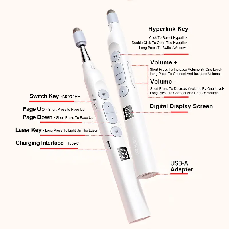 UGREEN LP834 45121 3 in 1 Telescopic Red Laser Flip Pen