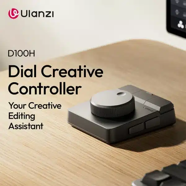 Ulanzi D100H Dial Creative Controller I003 What Creators Say Custom Controls, Ready-Made Presets Fully customizable RGB keypad and dial, compatible with leading editing and design software, helps you to build your workflow, your way. - Video Editing - Photo Editing & Color Grading *Presets are for reference only. You can customize the layout as needed. High-Precision Dial, Feel Every Move - Immersive Haptic Feedback The stepless rotating dial and high-bandwidth linear motor gives you tactile control. Every adjustment feels precise and intuitive. - Default Presets in Standalone Mode: Previous, Play/Pause, Next, Knob, Paste, Copy, Undo, Redo *Standalone Mode allows the device to operate with default presets without launching the APP. Presets can be customized based on your needs. Left & Right, Control in Your Hand The customizable gesture system lets you switch seamlessly between left & right hand use. The symmetrical dial and button allows you to easily edit and create in one hand. *Compatible Operating Systems Windows: Windows 10 or later macOS: macOS 11 or later (Intel-based Macs only) macOS 10.13 or later (Apple silicon Macs only) *If your computer does not have built-in Bluetooth, we recommend using a Bluetooth 5.0 (or higher) adapter. Please contact our customer service for further compatibility information. Wireless Connection, Your Sidekick for a Clean Desk Supports Bluetooth 5.0, compatible with multiple operating systems, no cable clutter, no hassle. Seamless switch up to three computers. *Built-in Bluetooth switch button on the bottom allows pairing with up to three computers. 60-Day Battery, Endless Inspiration 1000mAh battery gives you long-lasting performance - 2-month runtime on one charge. Dial & RGB Keypad, Your Creative Sidekick Versatile combination of the Dial and D200H unlocks more functions, maps more shortcuts. Efficiency is at your fingertips with just one keypad and dial. - Intuitive Controls: Enjoy smooth and efficient workflow. - Redefine Your Color Grading: Delivers a major boost in editing efficiency. Ulanzi Studio Workshop Get a variety of plugins, preset files, and companion software for free, ready to use. Continuously developed to empower your content creation and post-production. - Video Tutorials: Step-by-step guidance on basic operations and key features. - Ulanzi Developer: Access resources, share your original content, and join open-source project. - Customer Support Assistant: Provides step-by-step guides and solutions for common issues. Ulanzi Studio Intelligent RGB Systems One dial is all it takes to connect to the lighting ecosystem, allowing you to adjust the lighting, simple and fast. Pair with Ulanzi Connect to control K6500, Ulanzi photography lights, and Philips Hue smart lights. - Compatible Devices: K6500, VL-200Bi, VL-120C, VL-120Bi, EC65, AL60, AL120 and other Ulanzi photography lights, Philips Hue smart lights (Bluetooth control required), Nanoleaf, and Govee smart lights. *Package includes D100H only. Other products are sold separately. Specifications Brand: Ulanzi Model: D100H Materials: ABS+PC Housing, Aluminum Alloy Knob, Silicone Anti-Slip Pad Dimensions: 96.5*84*35.5 mm / 3.8*3.31*1.4in Net Weight: Approx. 265g / 9.35oz Gross Weight: Approx. 420g / 14.82oz Pairing: Bluetooth Only Bluetooth Specs: BLE 5.0, Transmission Distance ≥10m Motor Type: Linear Motor (low-power processor) Battery: 3.7V 1000mAh Polymer Lithium Battery Power: 400mA (MAX) Charging: Type-C, 5V⎓2A Battery Life: Approx. 2.5 hours (continuous dial rotation); up to 60 days standby Charging Time: Approx. 2.5 hours (0–100%)