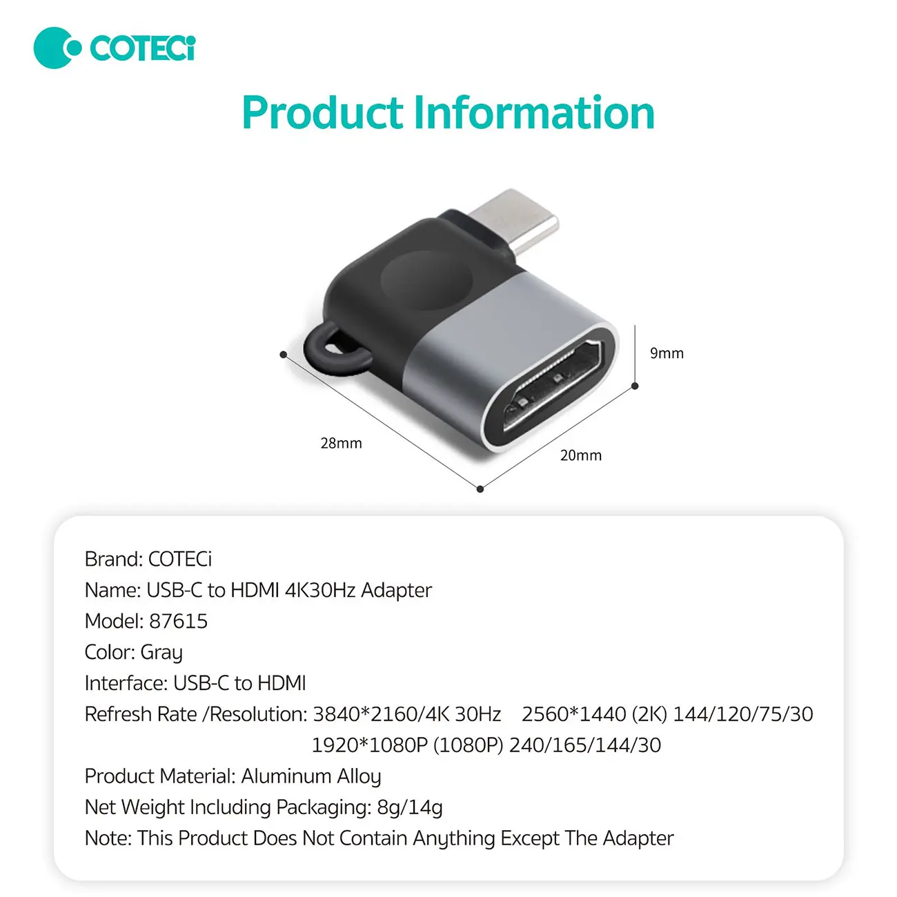 COTECi 87615 USB C to HDMI 4K30Hz Adapter 3