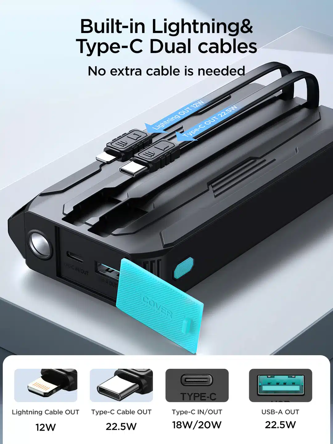 JOYROOM JR L017 22.5W Power Bank with Built in 2in1 Cables with SOS light 10000mAh 3