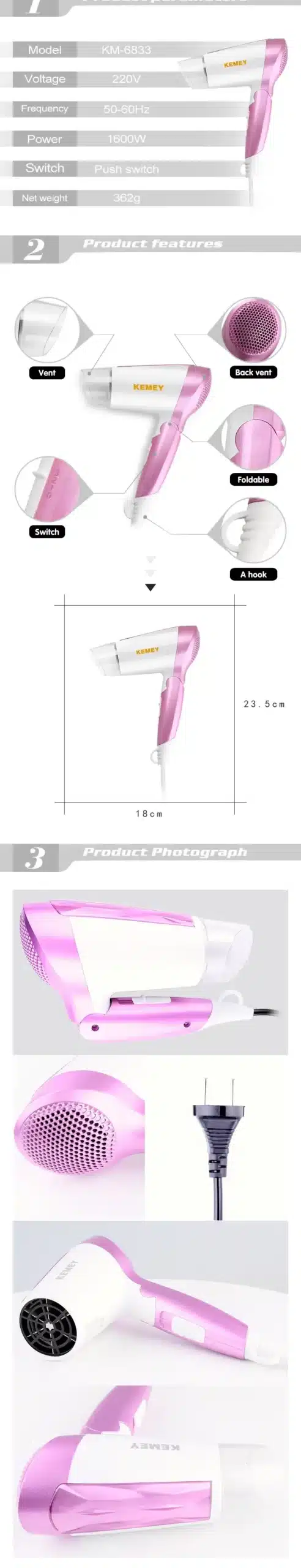 KEMEY KM 6833 Quick Drying Multifunctional Hair Dryer by Kemei scaled