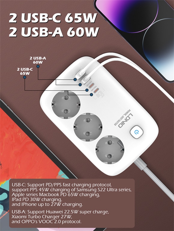 LDNIO SE3436 3 AC Outlets 4 USB Power Strip 4