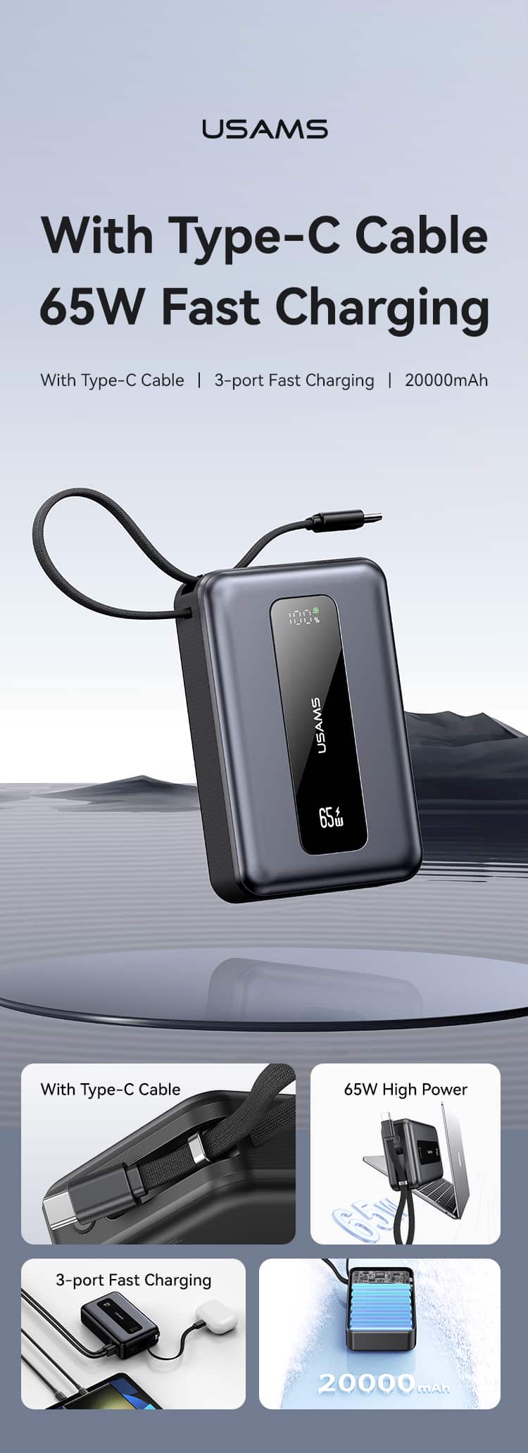 USAMS CD243 65W 3 port Fast Charging Digital Display Power Bank With Type C Cable XH Series 5