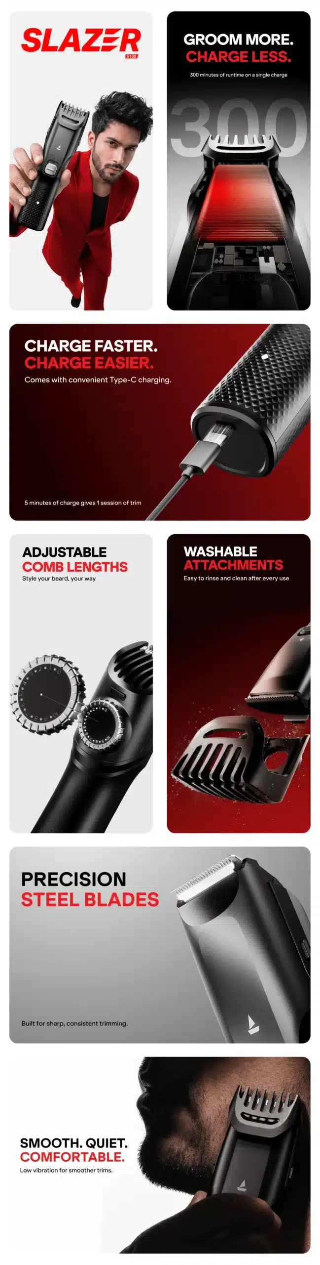 boAt Slazer S100 Trimmer with 300-Min Runtime, Fast Charging, and Stainless Steel Blades